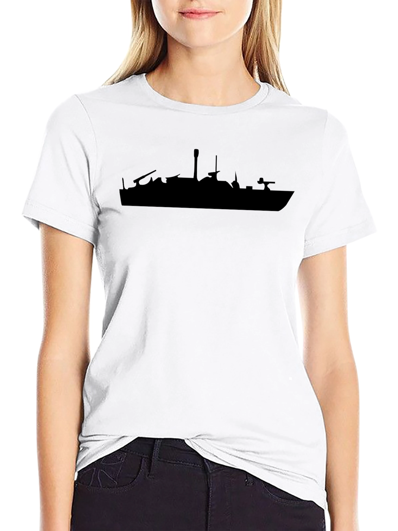 Navy Ship Silhouette Tee - Classic Black Cotton T-Shirt
