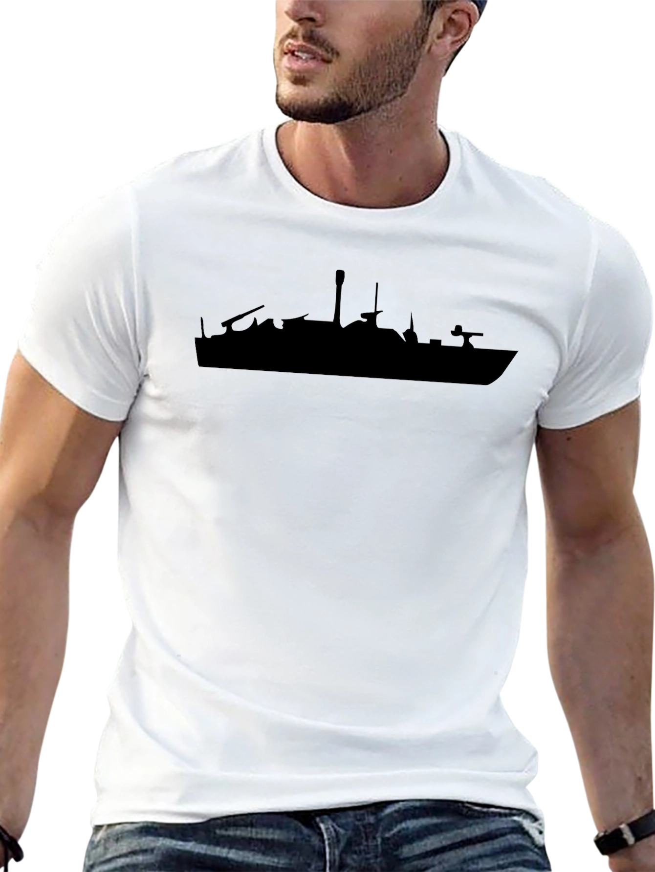 Navy Ship Silhouette Tee - Classic Black Cotton T-Shirt