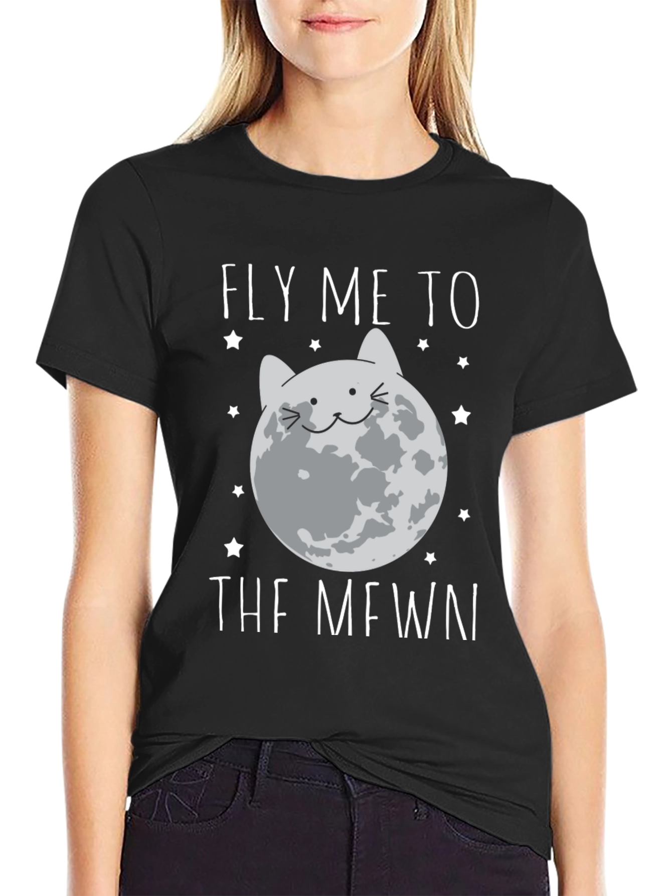 Fly Me To The Mewn Black Graphic Tee