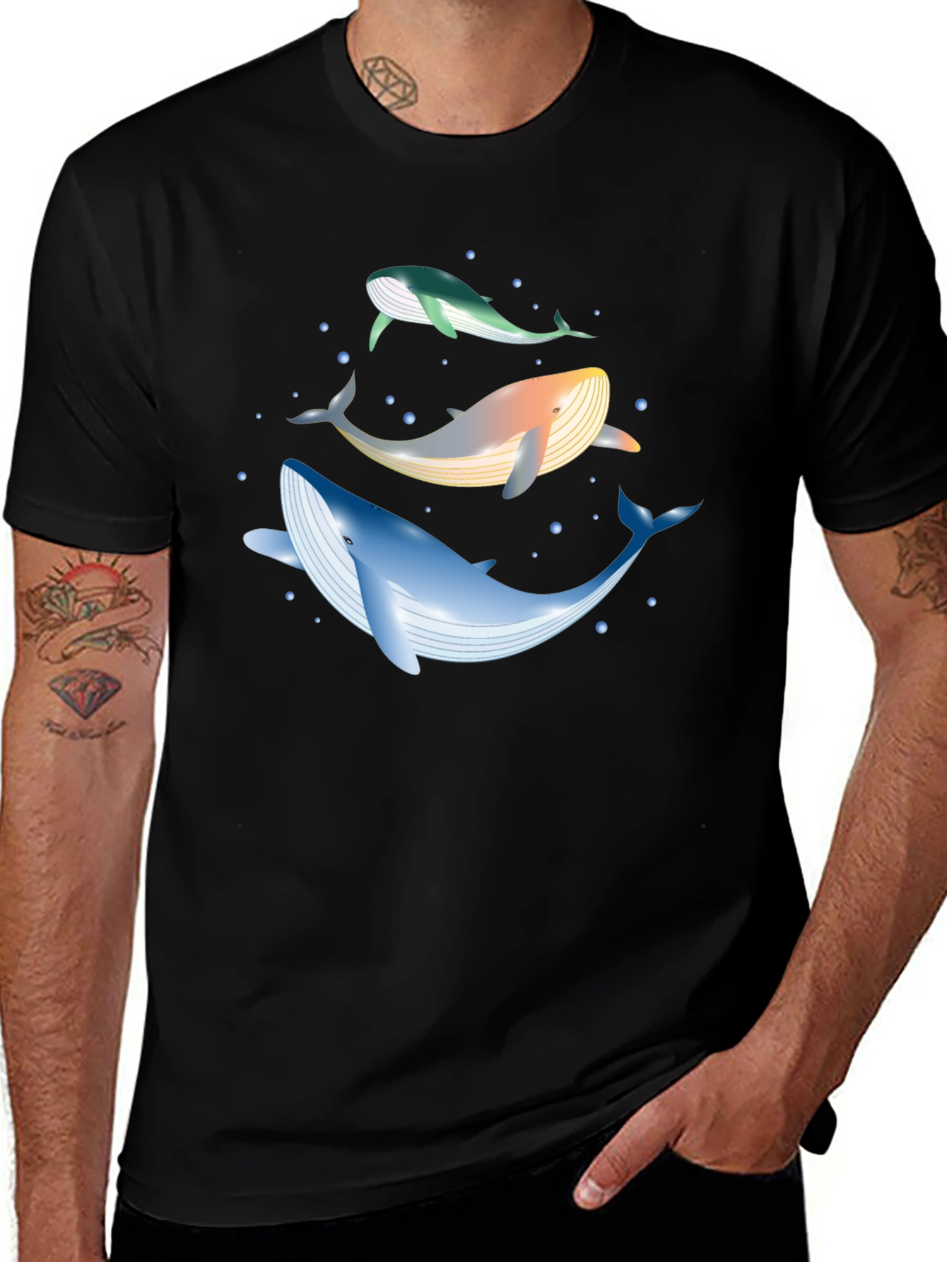 Whale Trio Graphic Tee - Black Cotton Casual Wear