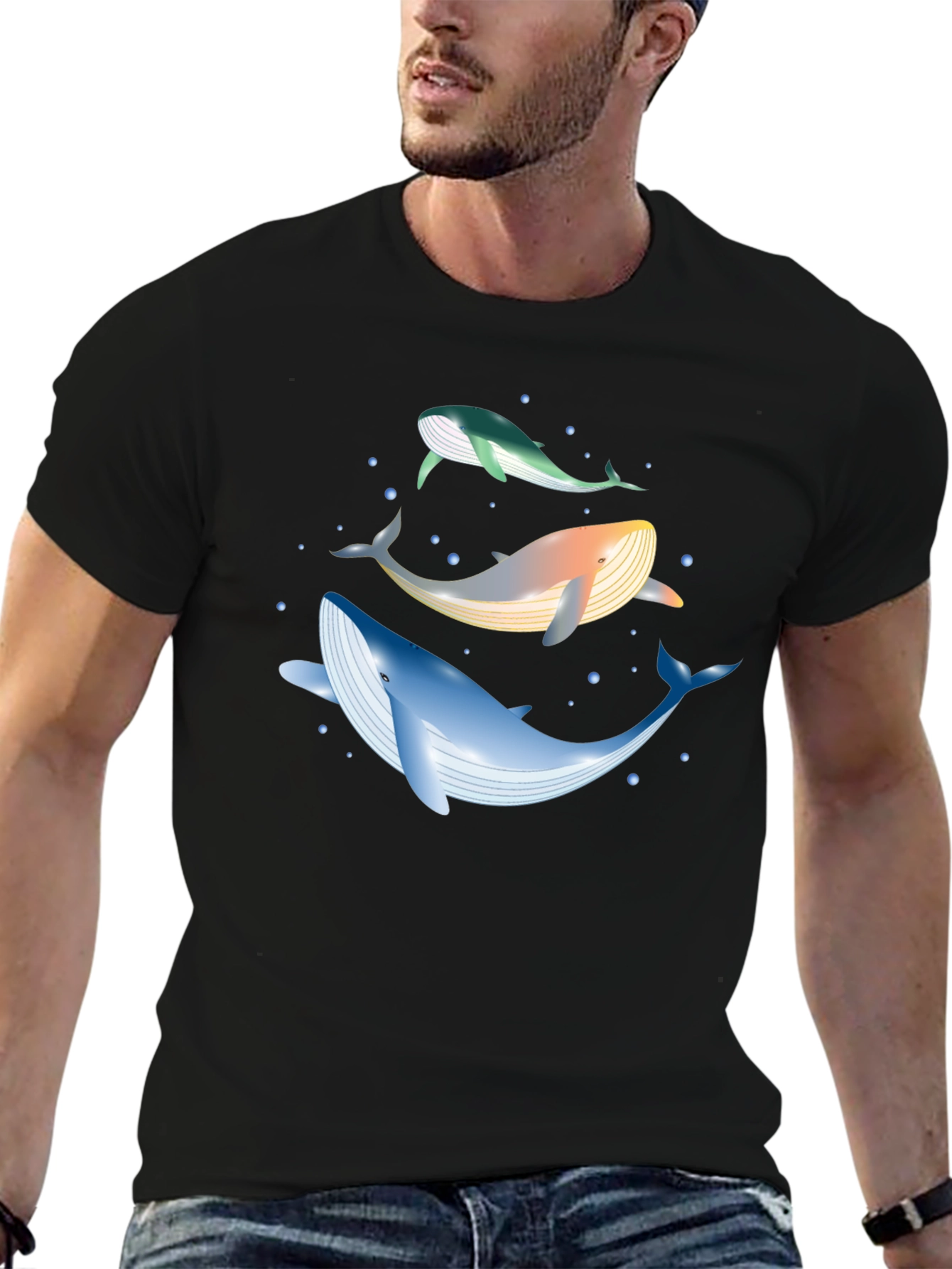 Whale Trio Graphic Tee - Black Cotton Casual Wear