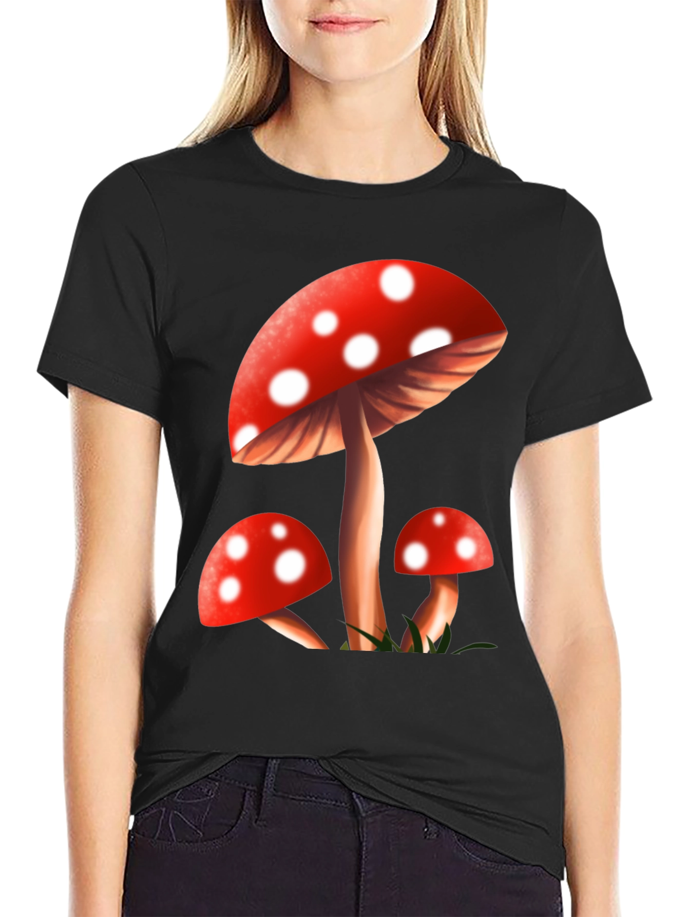 Mushroom Graphic Tee - Black Cotton Blend T-Shirt