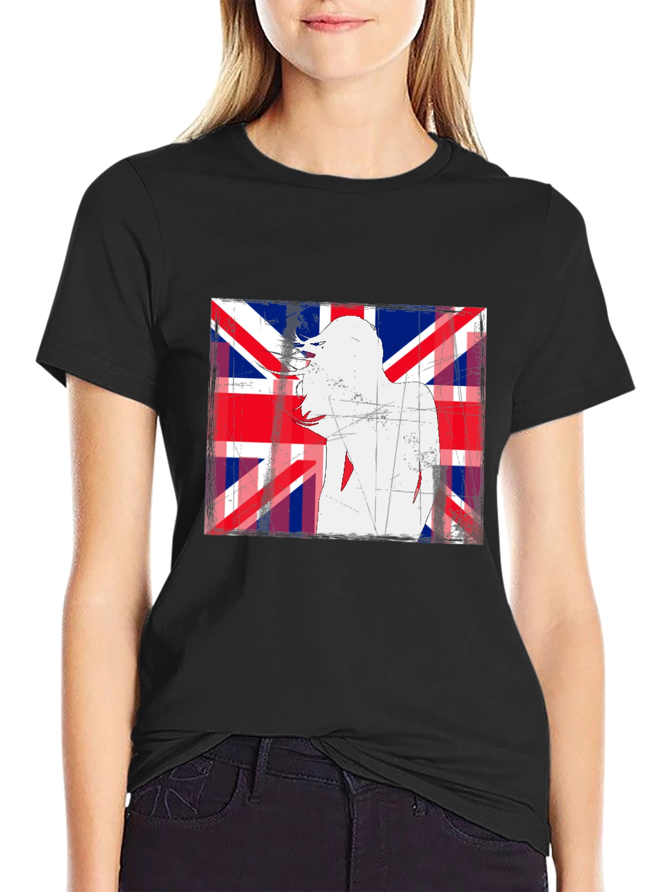 Union Jack Woman Graphic Print Black T-Shirt