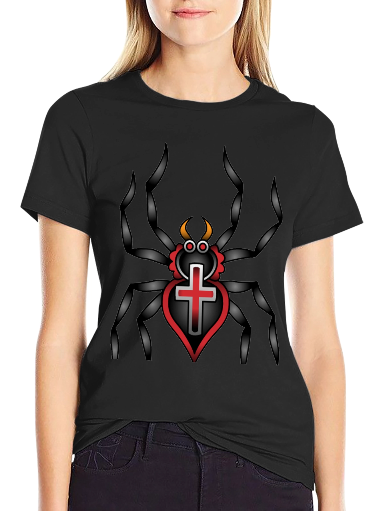 Gothic Spider Cross Heart T-Shirt