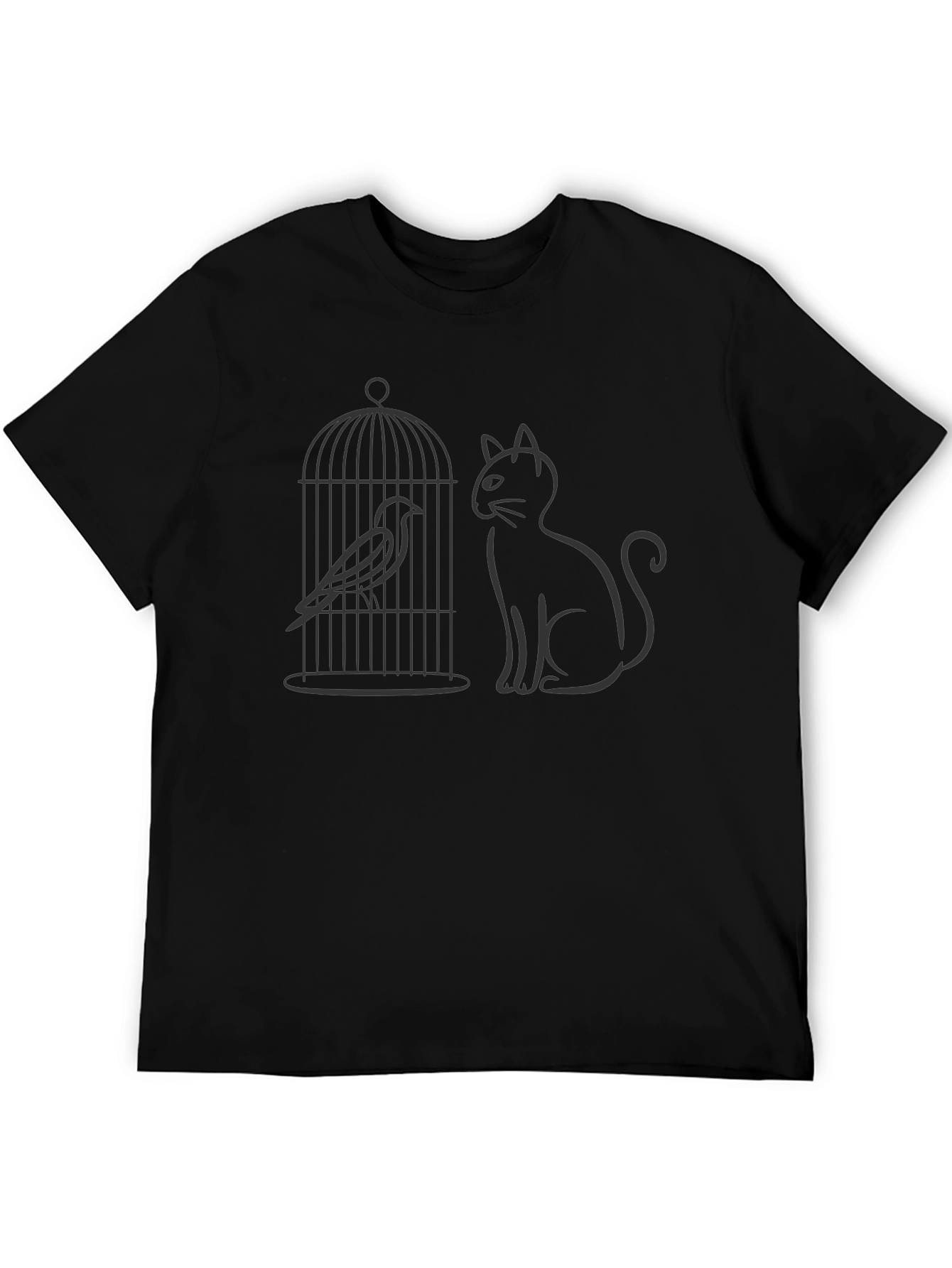 Cat & Birdcage Graphic Tee - Quirky Casual Style