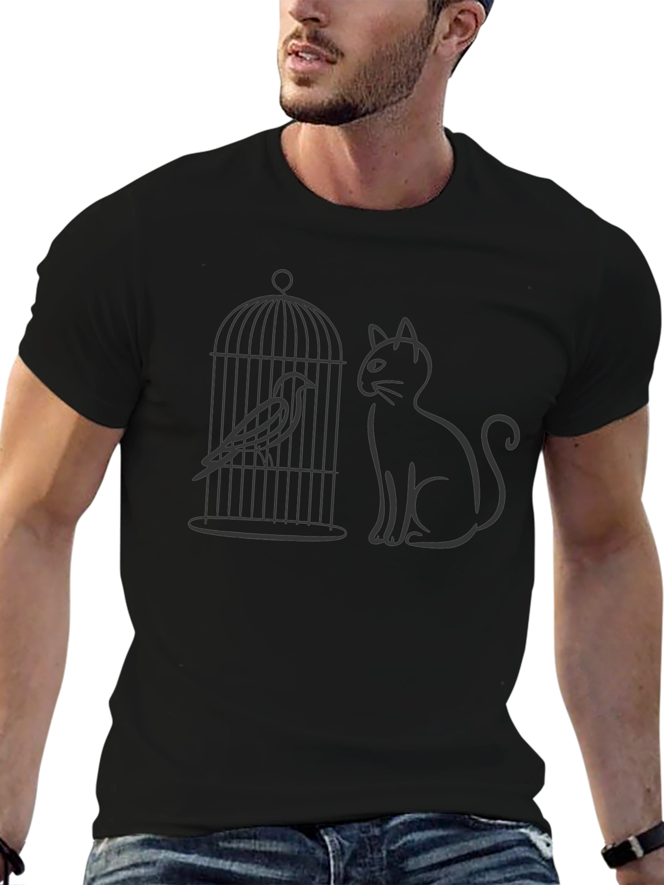 Cat & Birdcage Graphic Tee - Quirky Casual Style