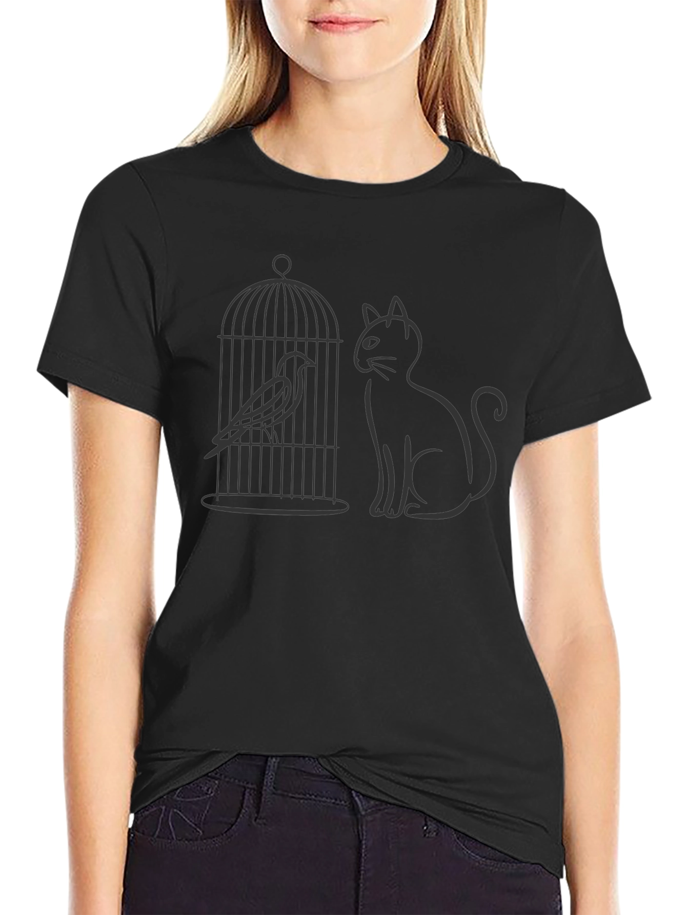 Cat & Birdcage Graphic Tee - Quirky Casual Style