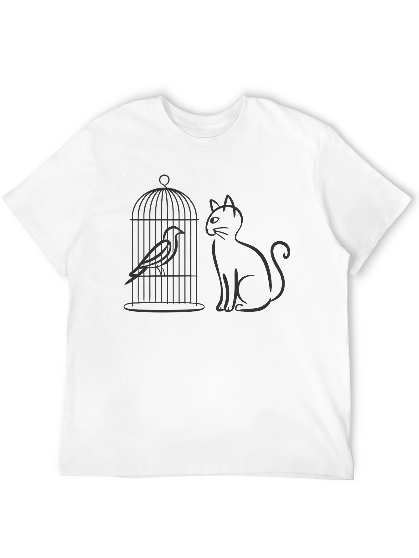 Cat & Birdcage Graphic Tee - Quirky Casual Style
