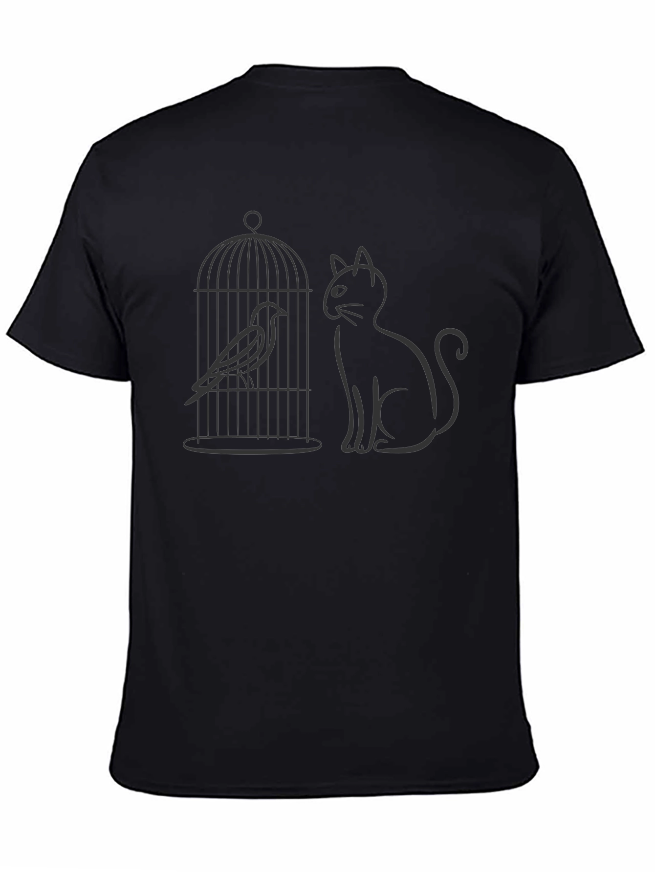 Cat & Birdcage Graphic Tee - Quirky Casual Style