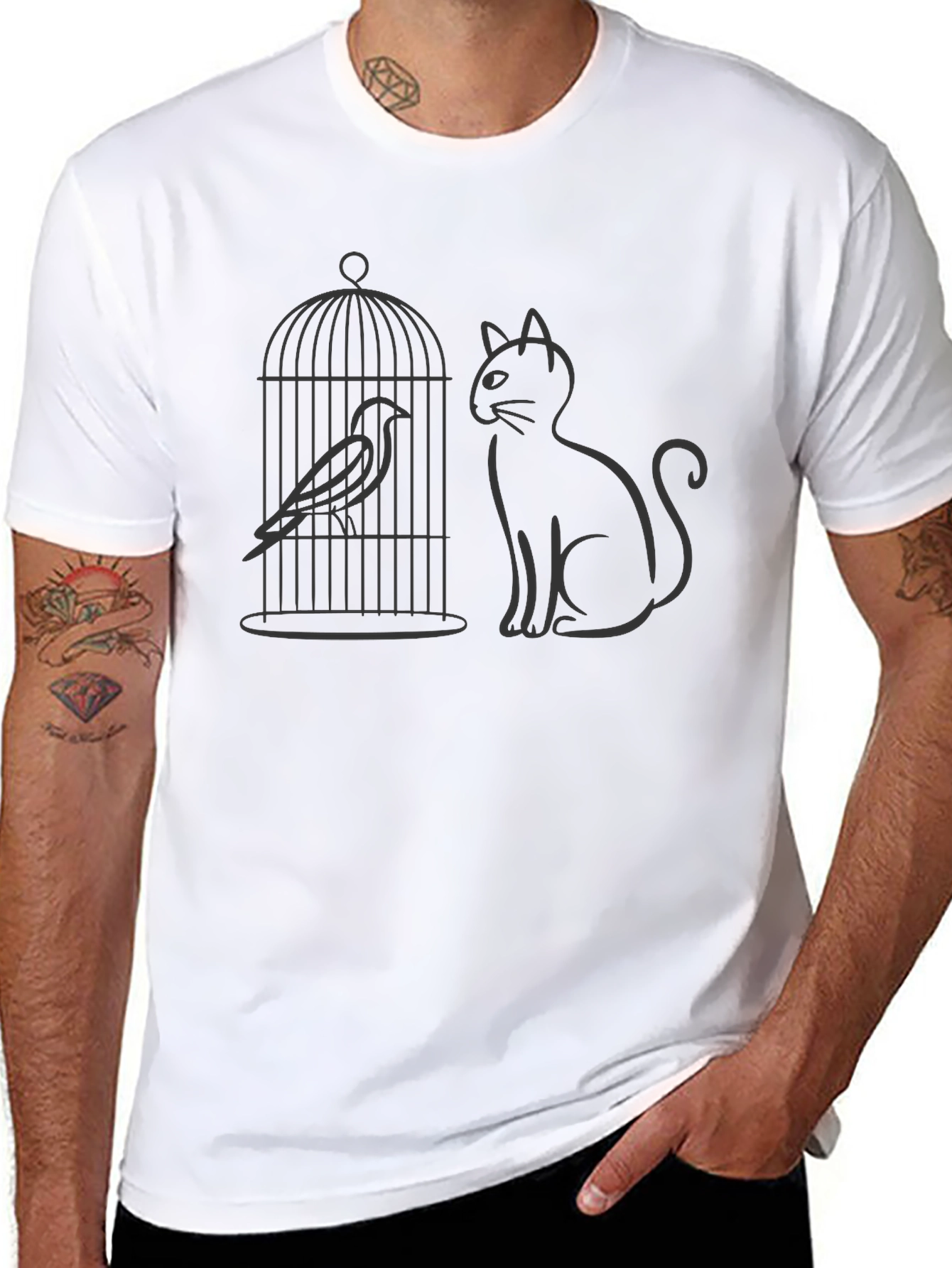Cat & Birdcage Graphic Tee - Quirky Casual Style