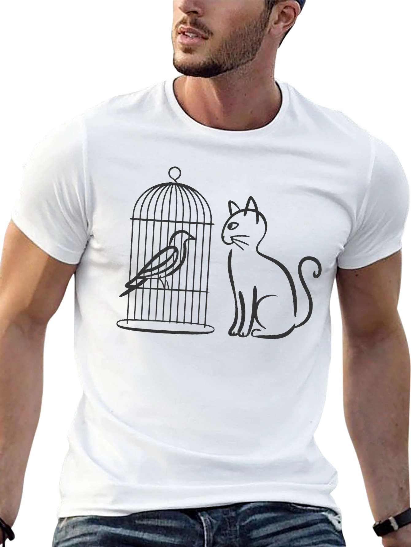Cat & Birdcage Graphic Tee - Quirky Casual Style