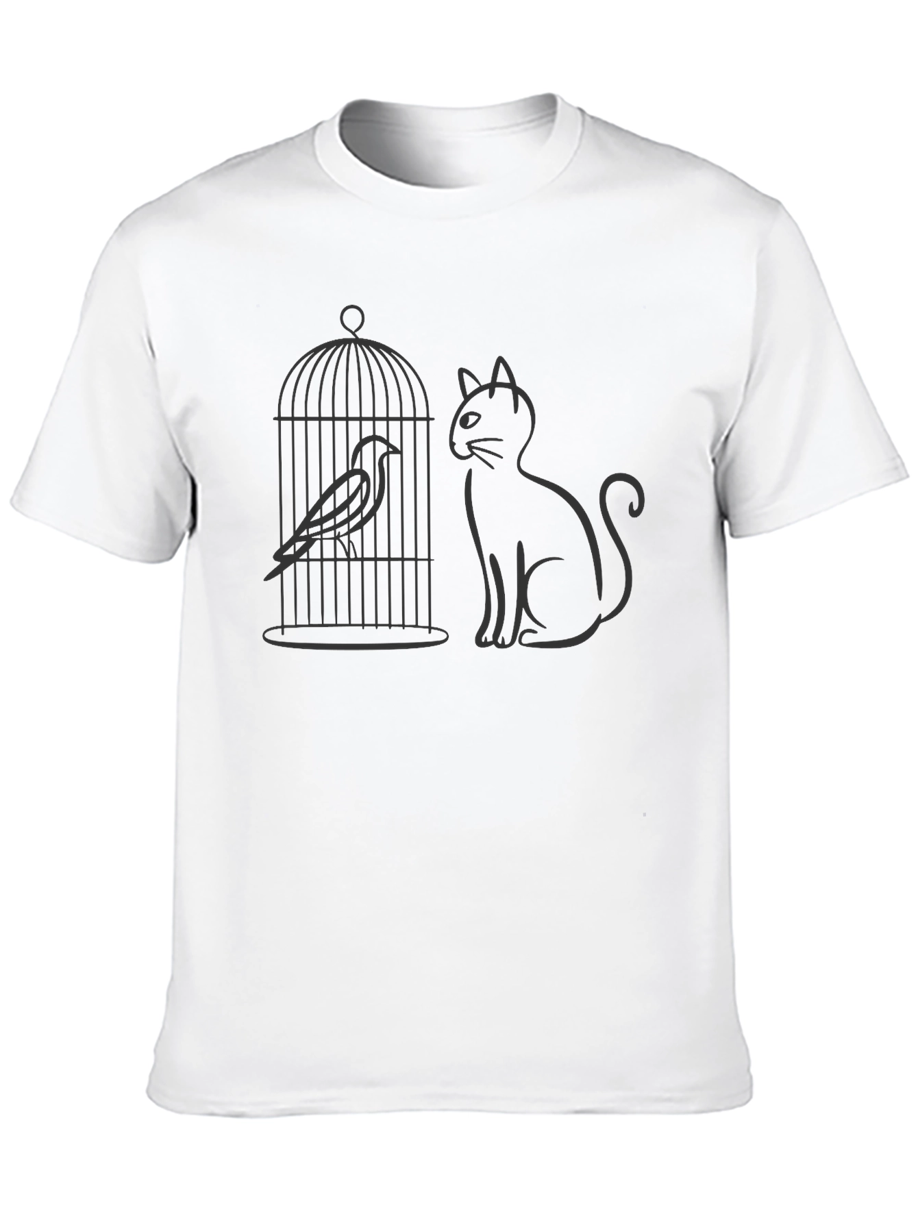 Cat & Birdcage Graphic Tee - Quirky Casual Style