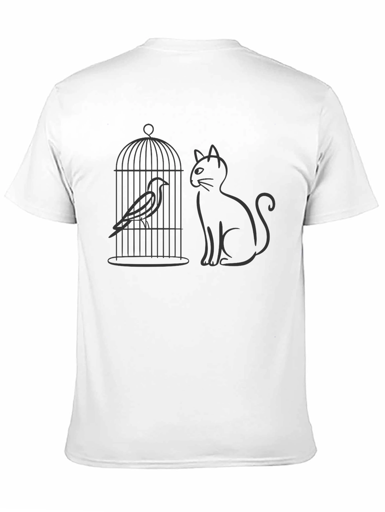 Cat & Birdcage Graphic Tee - Quirky Casual Style