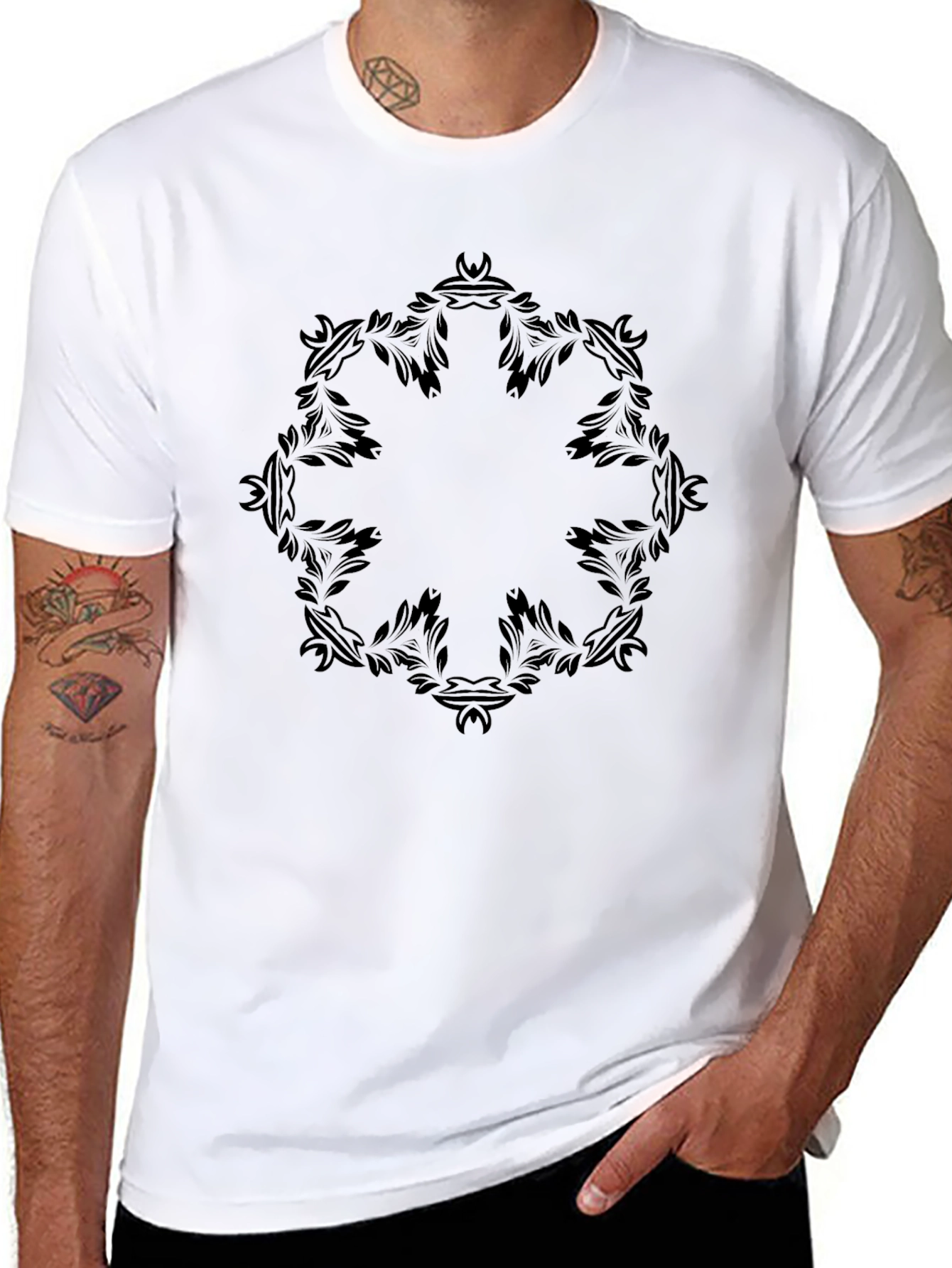 Black T-Shirt with Ornate Floral Circle Design