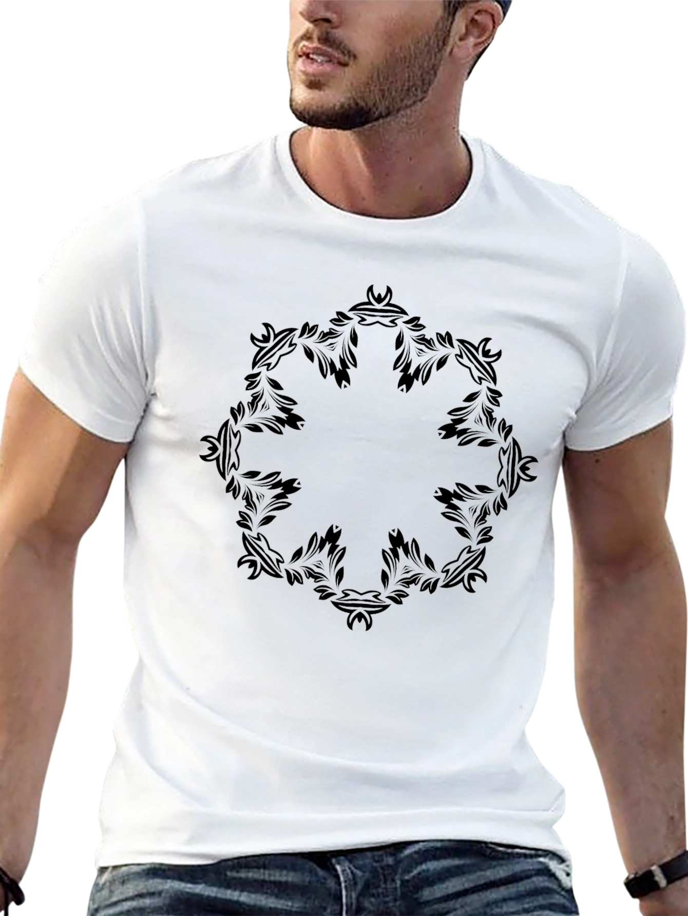 Black T-Shirt with Ornate Floral Circle Design