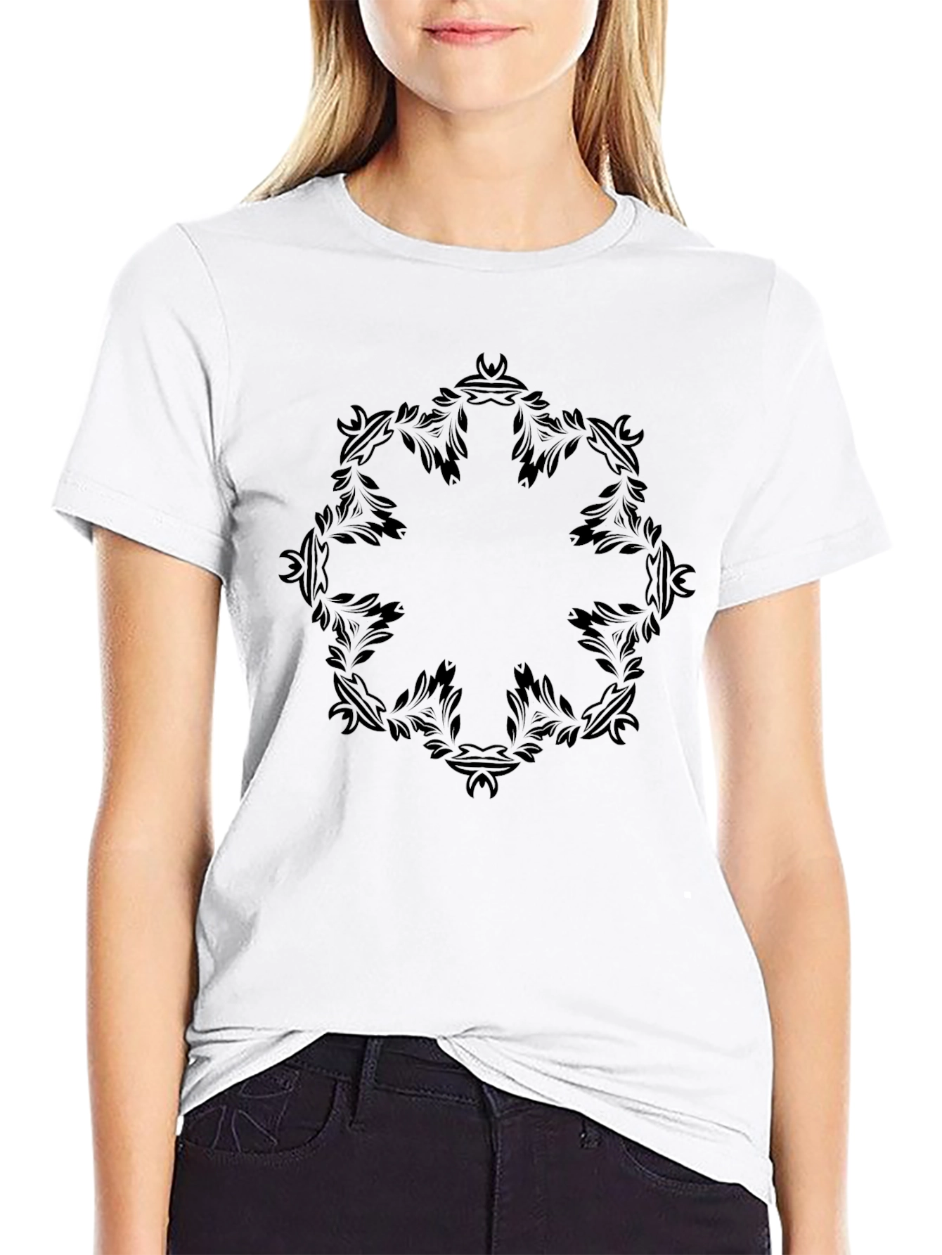 Black T-Shirt with Ornate Floral Circle Design