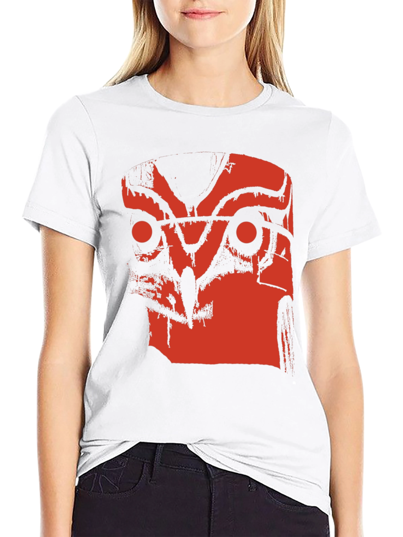 Abstract Red Owl Graphic Print Black T-Shirt