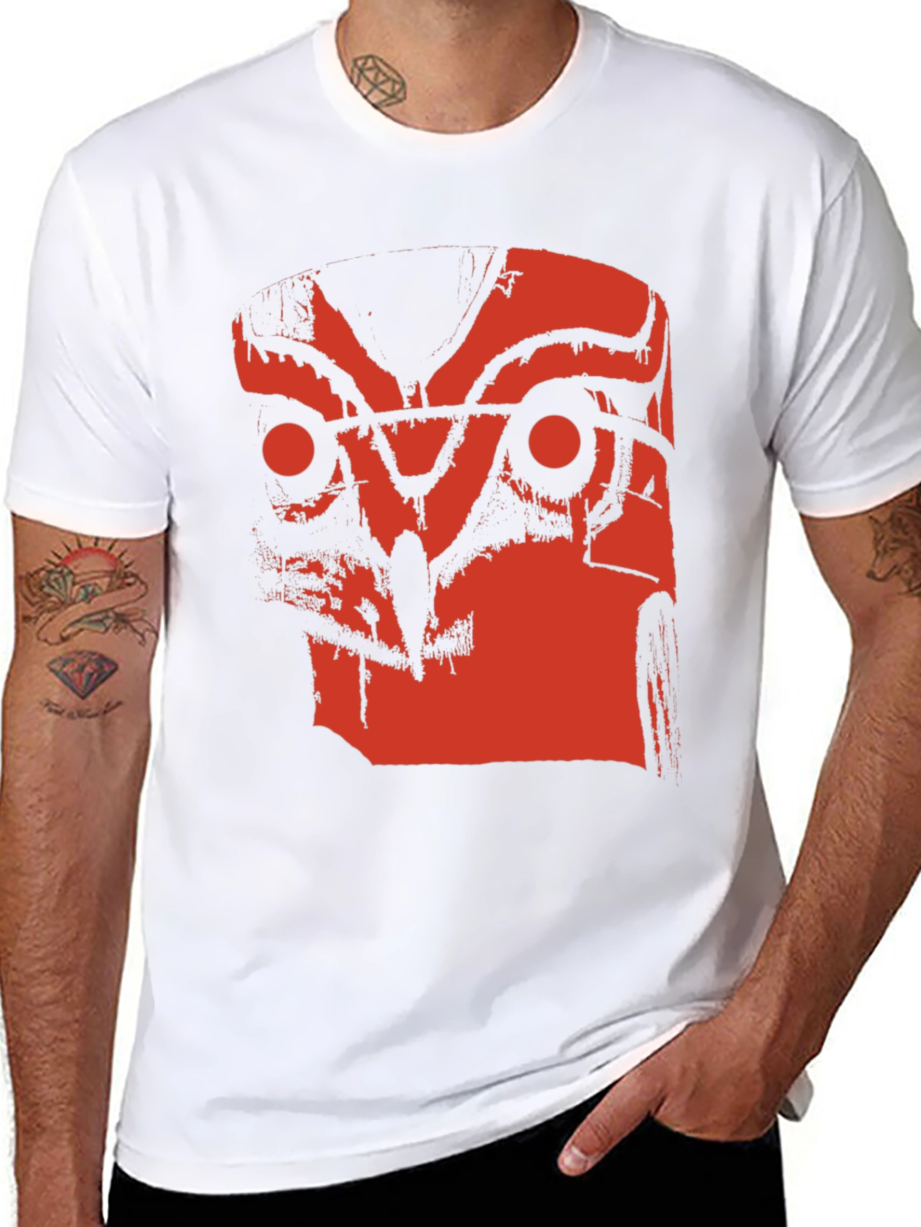 Abstract Red Owl Graphic Print Black T-Shirt