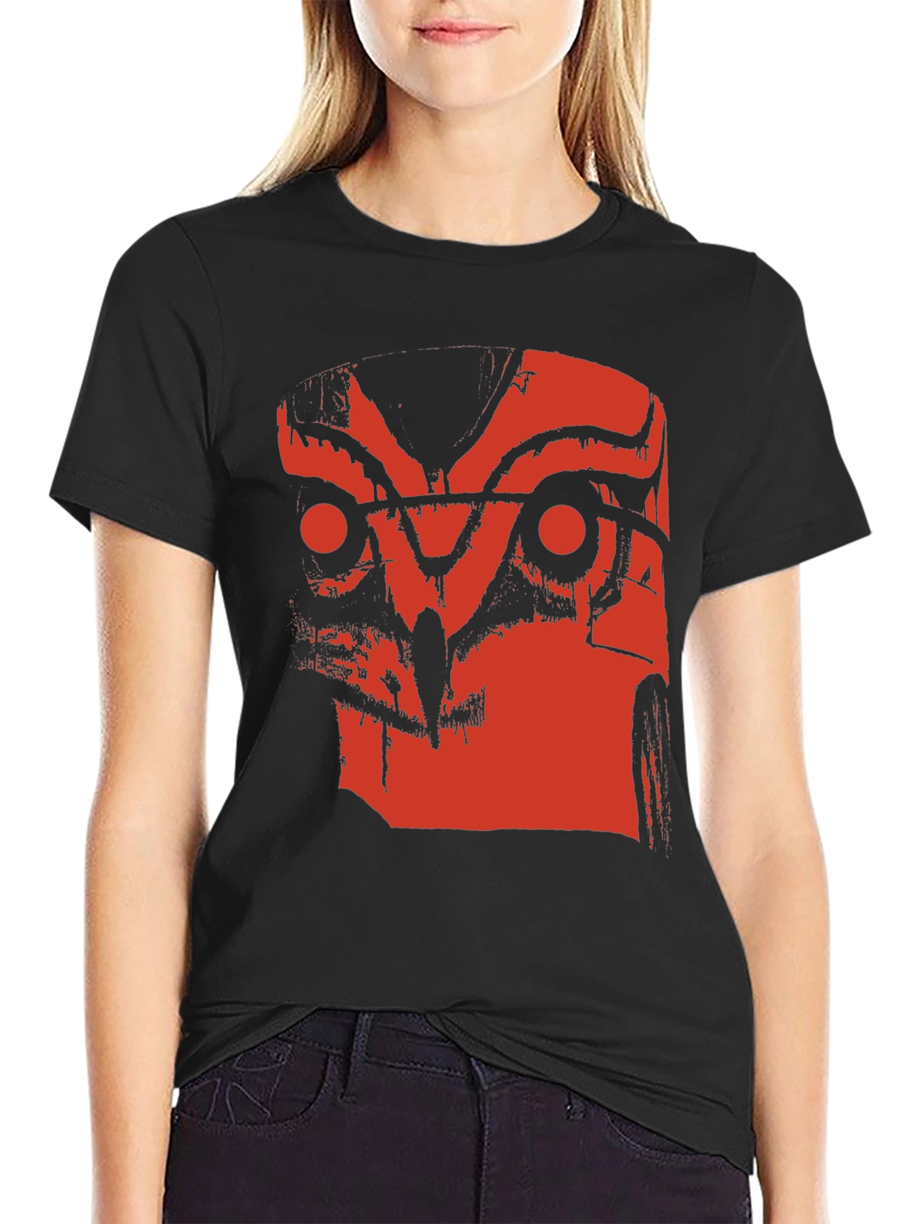 Abstract Red Owl Graphic Print Black T-Shirt