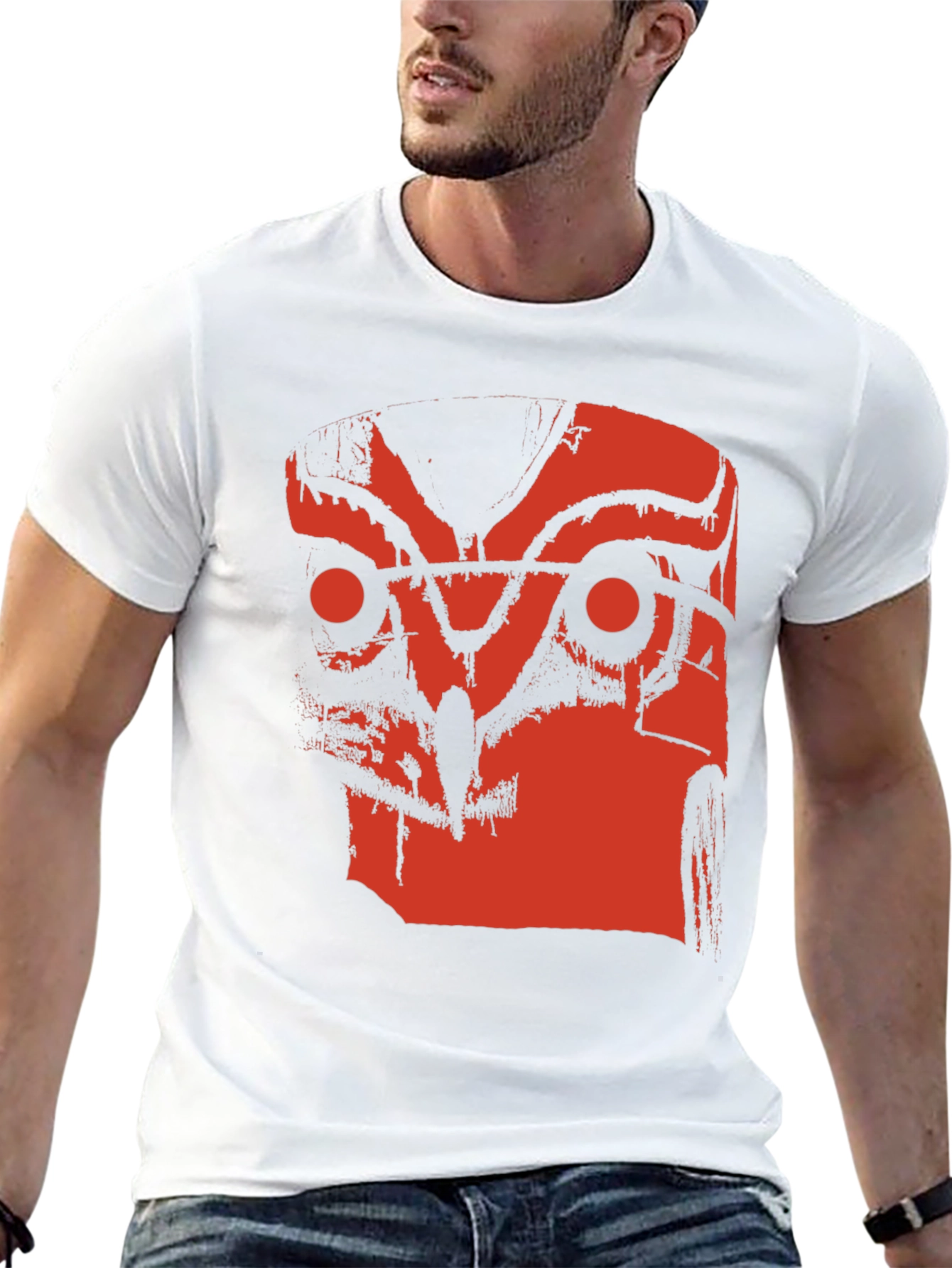 Abstract Red Owl Graphic Print Black T-Shirt