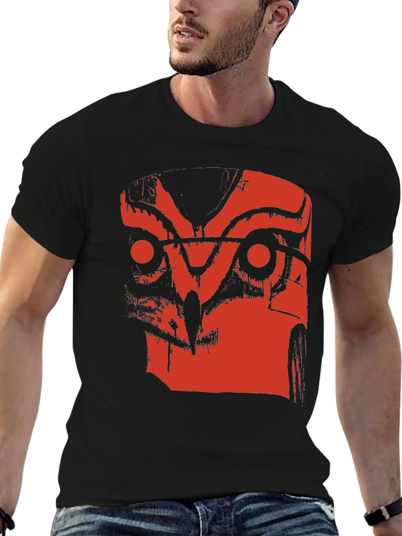 Abstract Red Owl Graphic Print Black T-Shirt