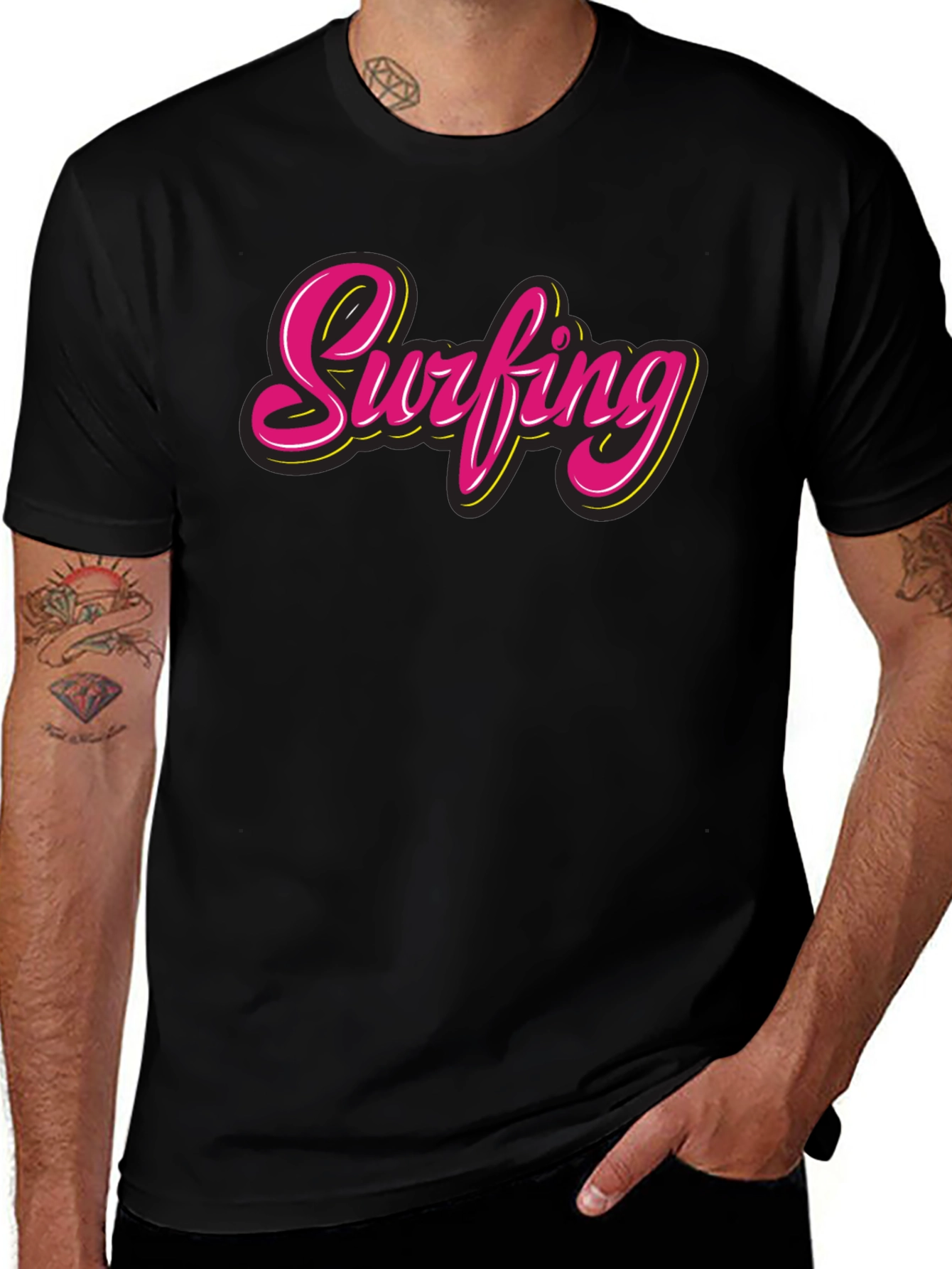 Surfing Graphic Tee - Retro Style Black T-Shirt