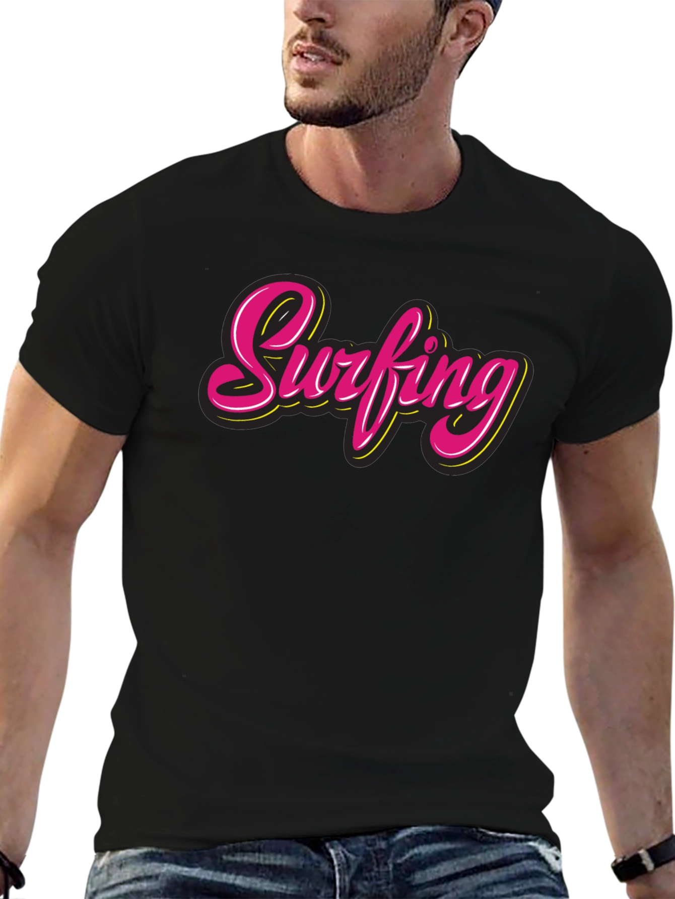 Surfing Graphic Tee - Retro Style Black T-Shirt