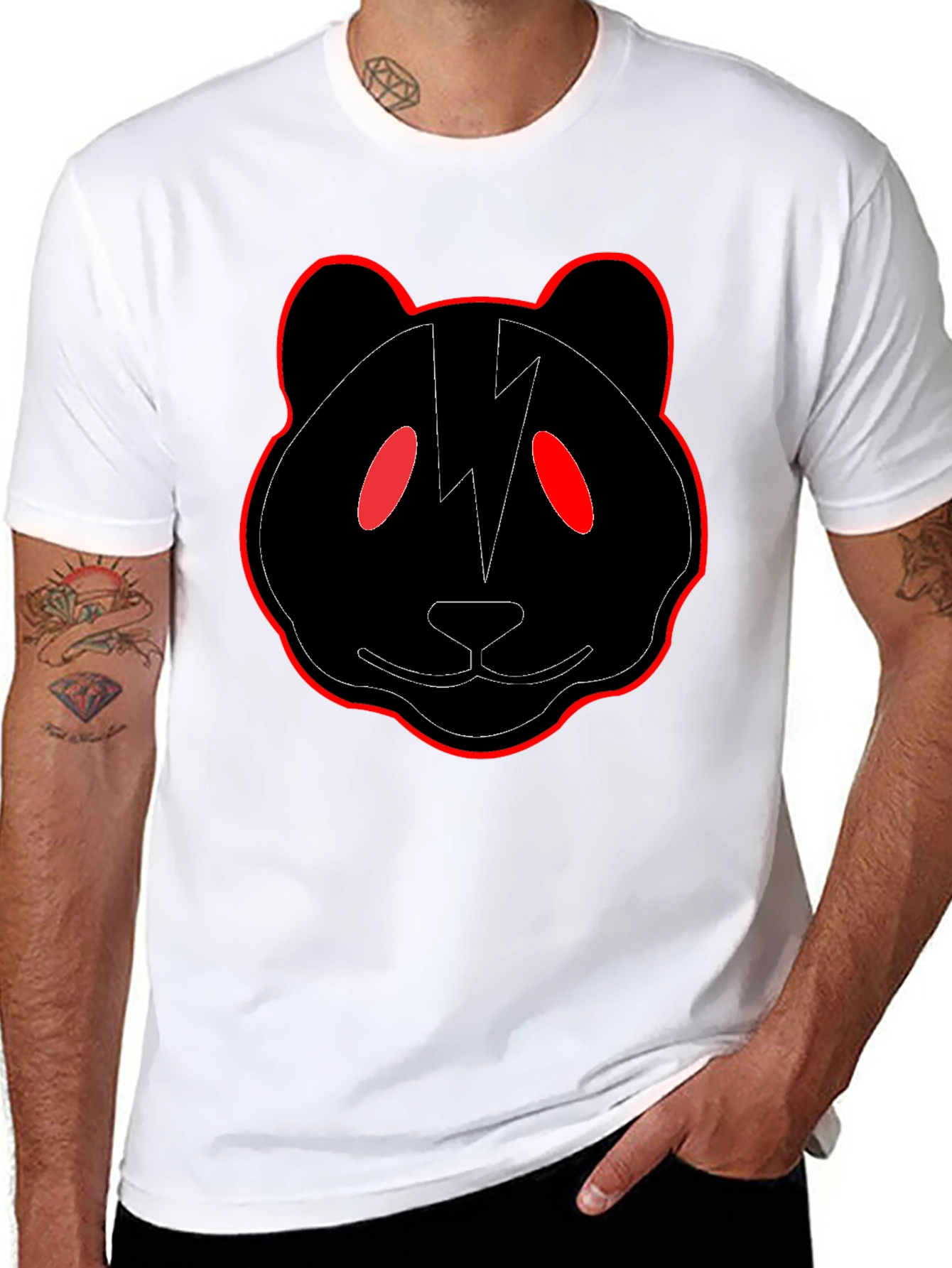 Black Panda T-Shirt with Red Trim and Lightning Bolt