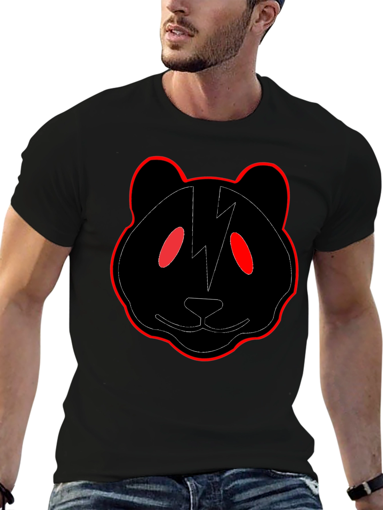 Black Panda T-Shirt with Red Trim and Lightning Bolt