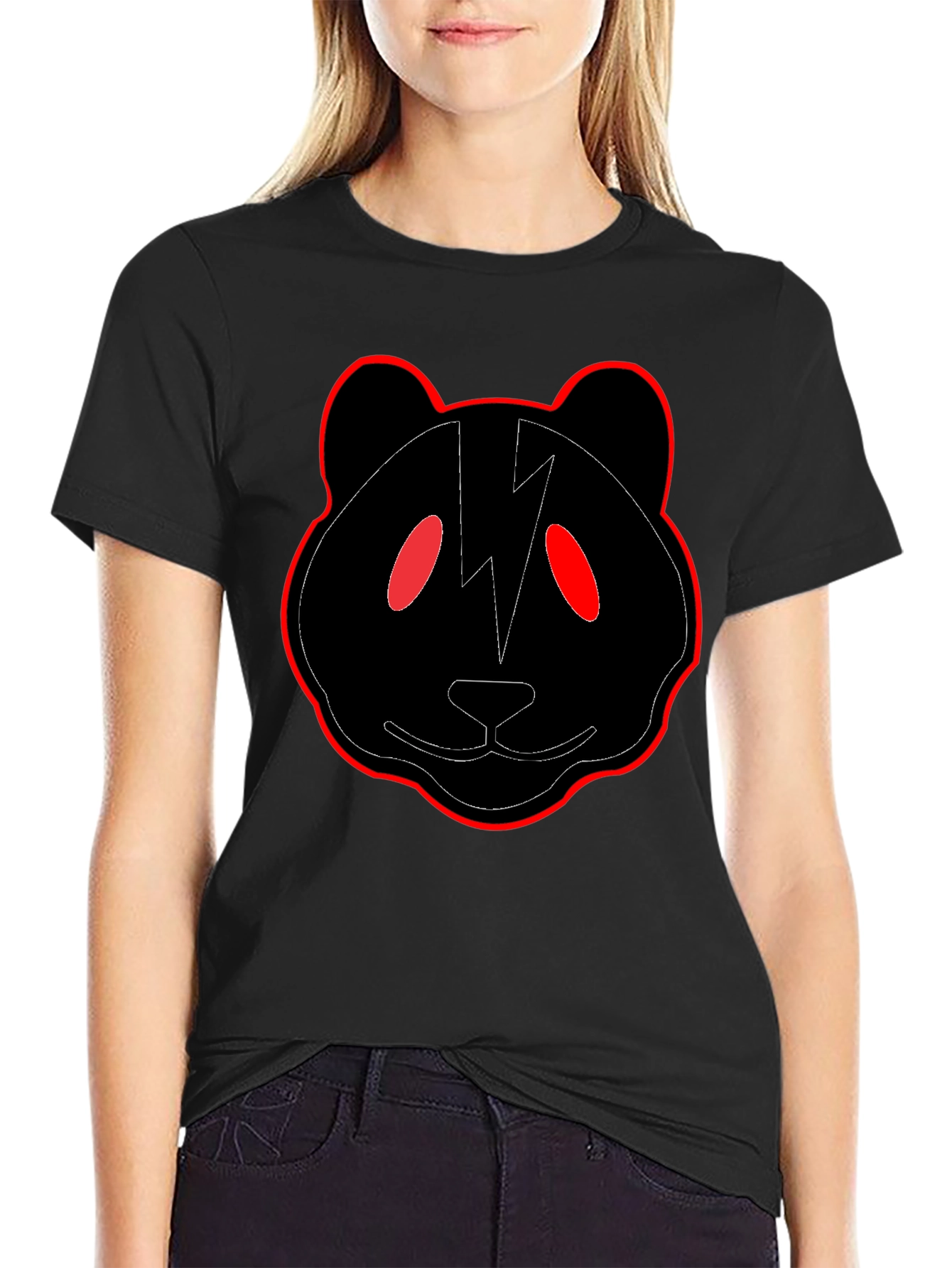 Black Panda T-Shirt with Red Trim and Lightning Bolt