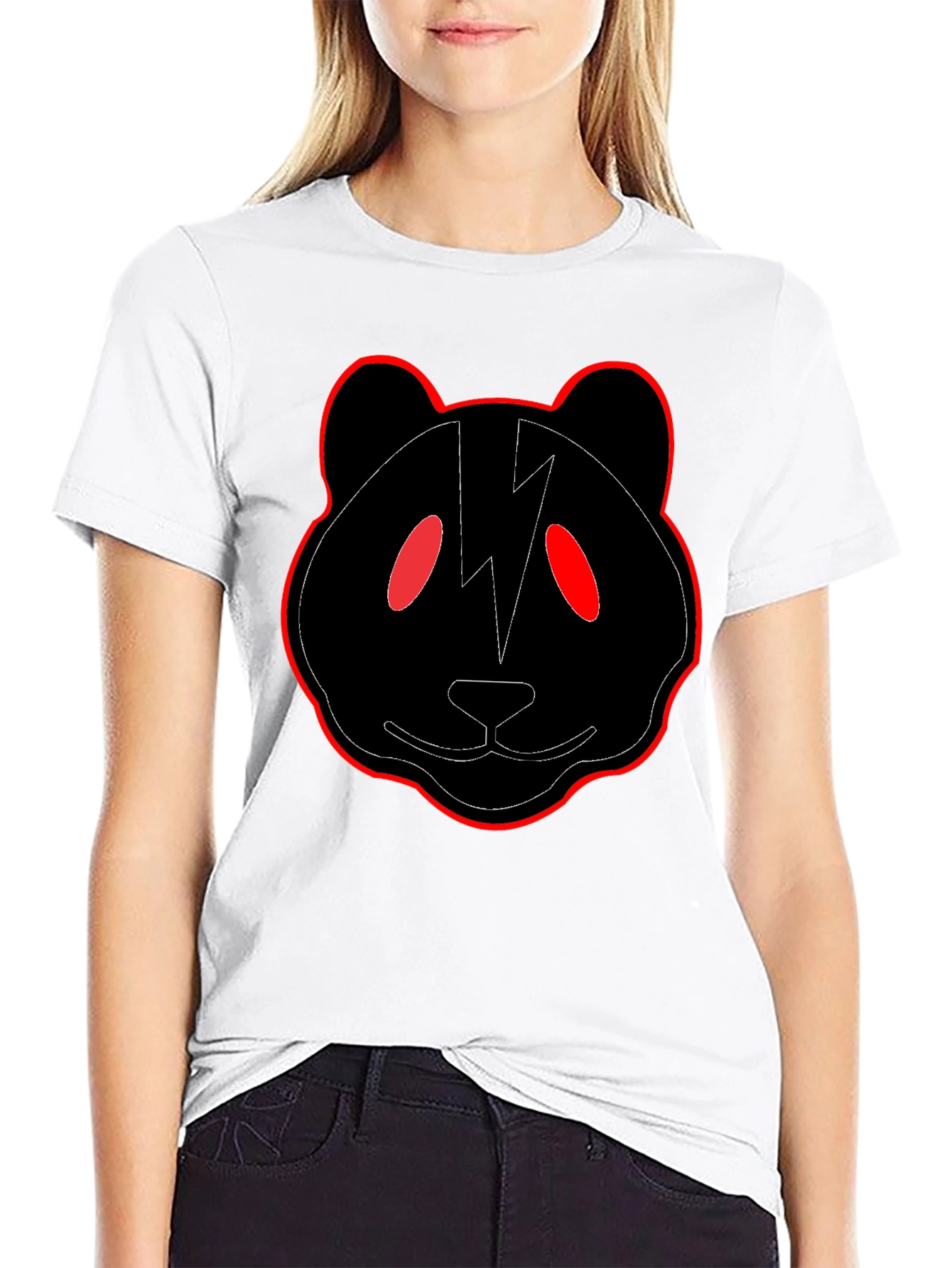 Black Panda T-Shirt with Red Trim and Lightning Bolt