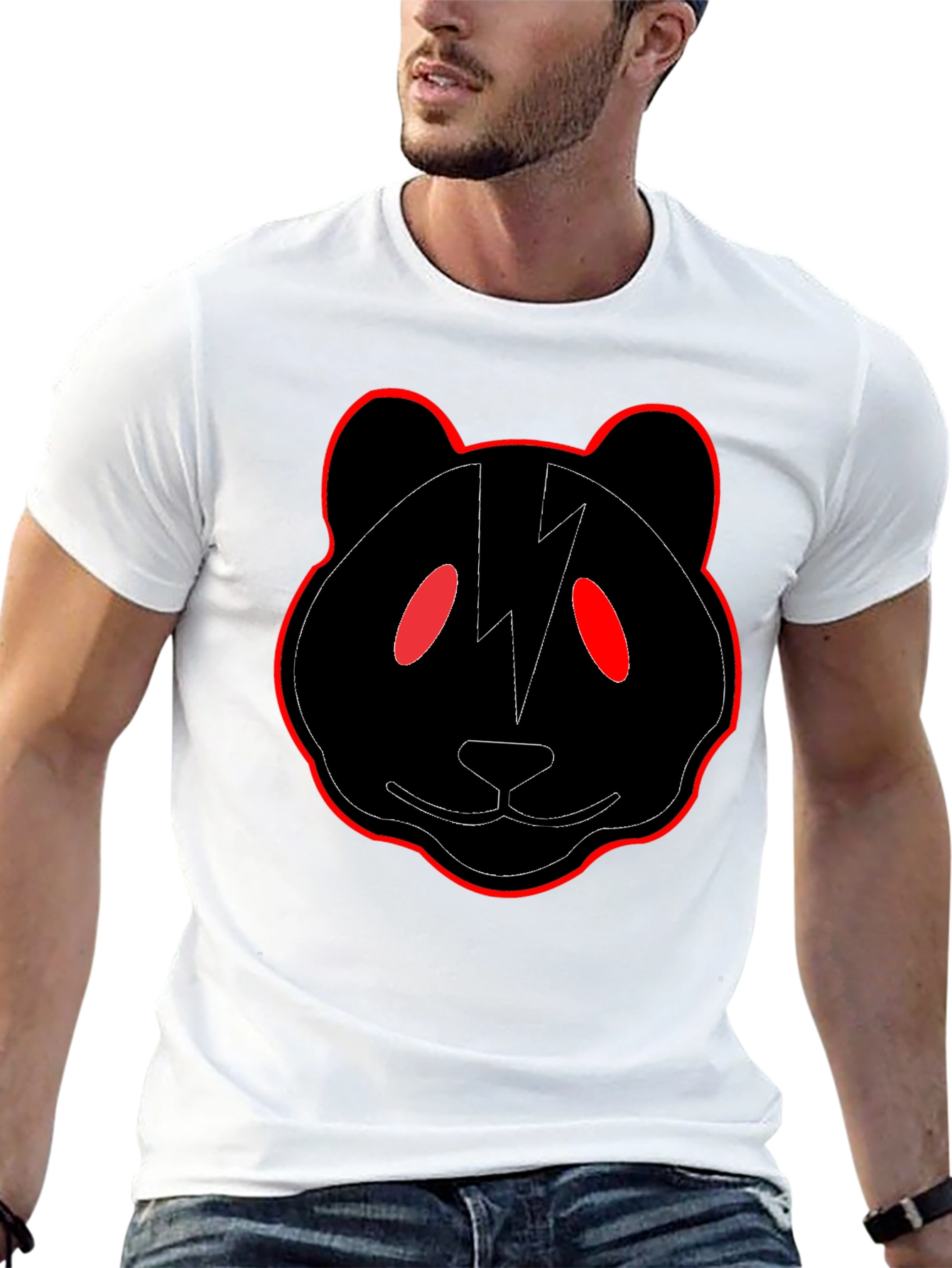 Black Panda T-Shirt with Red Trim and Lightning Bolt