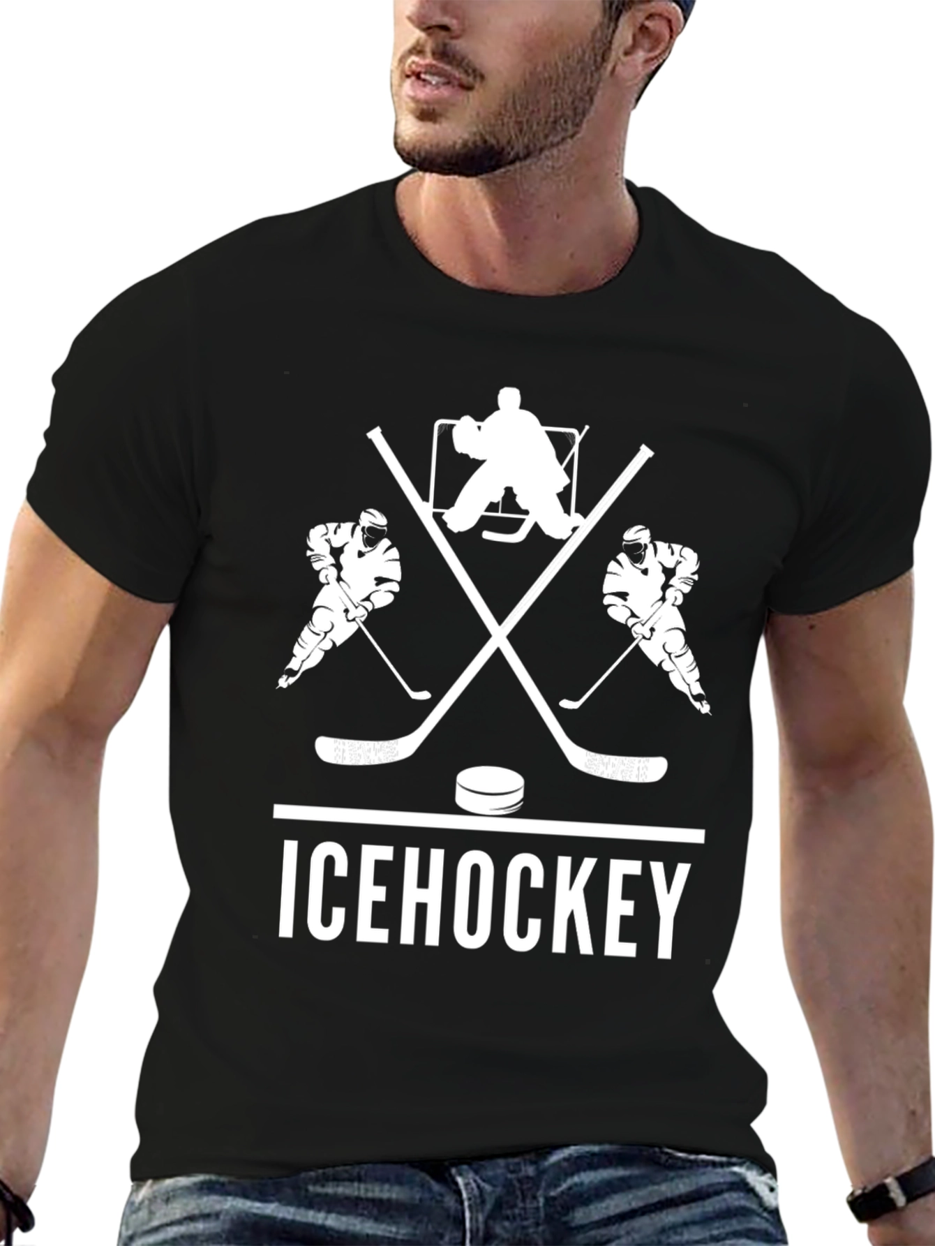 Ice Hockey Graphic Tee - Black Cotton T-Shirt