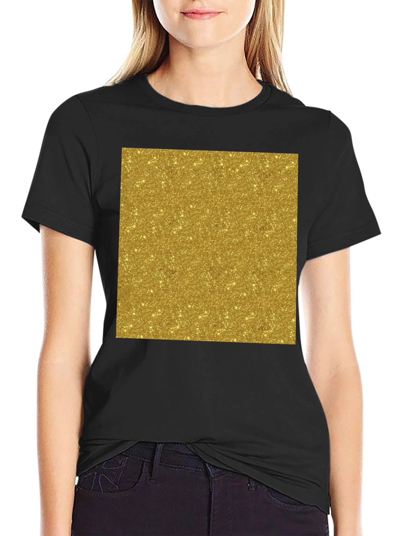Gold Glitter Print Black T-Shirt