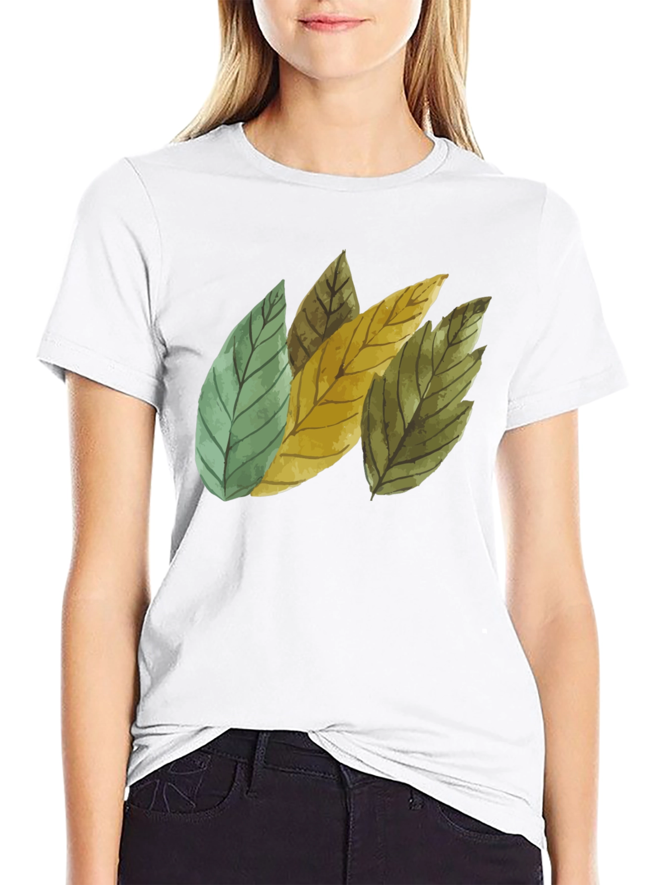 Leaf Design Black Cotton T-Shirt