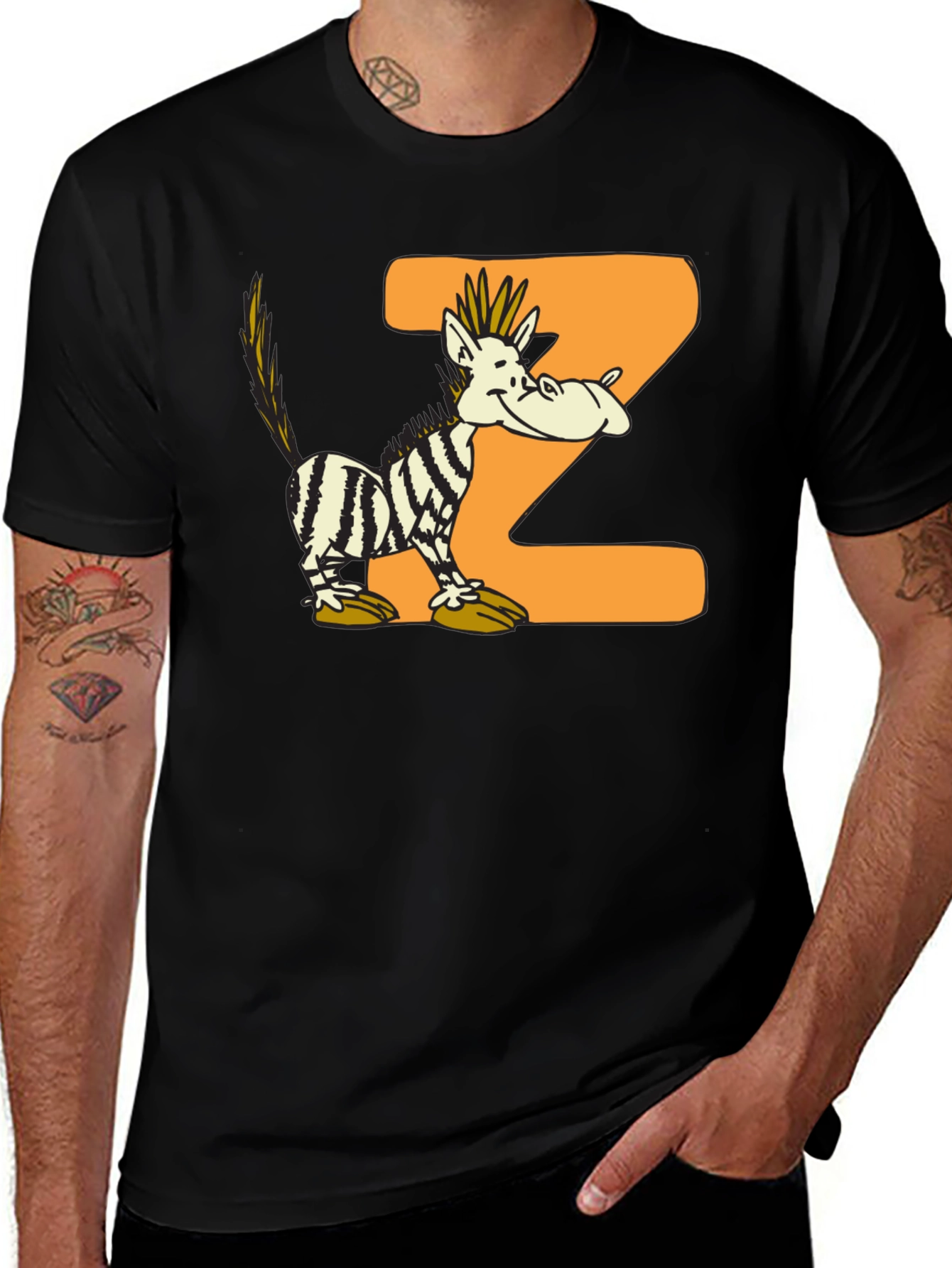 Cartoon Zebra Z Black Graphic T-Shirt