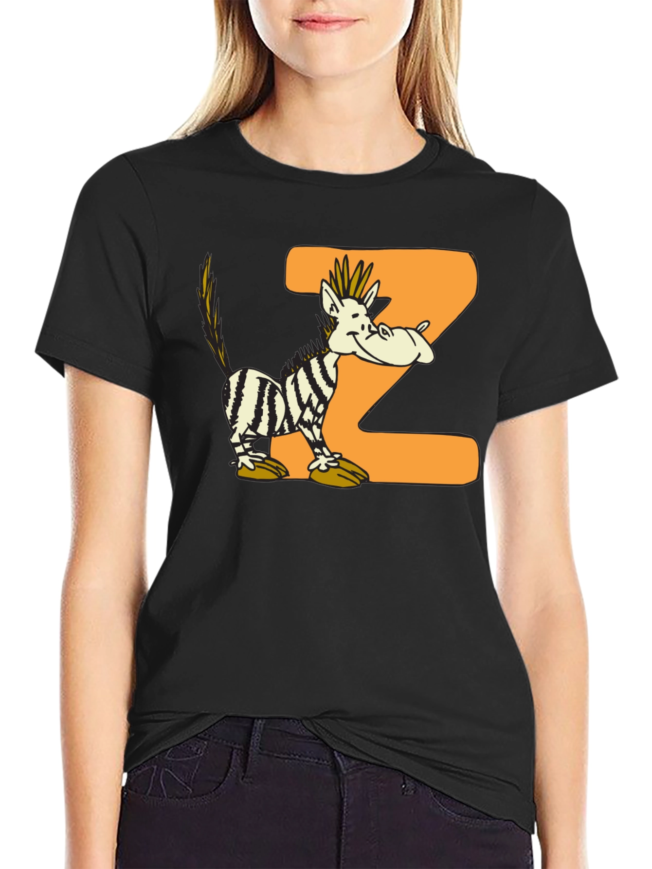 Cartoon Zebra Z Black Graphic T-Shirt