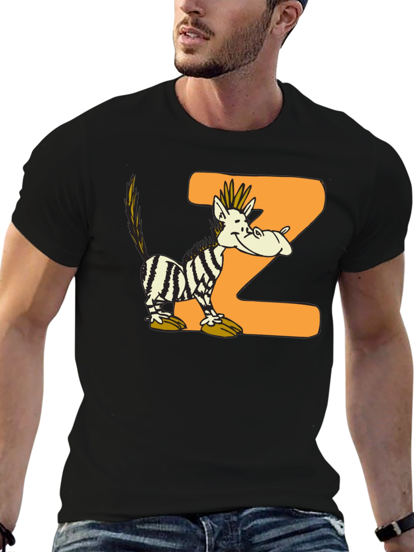 Cartoon Zebra Z Black Graphic T-Shirt