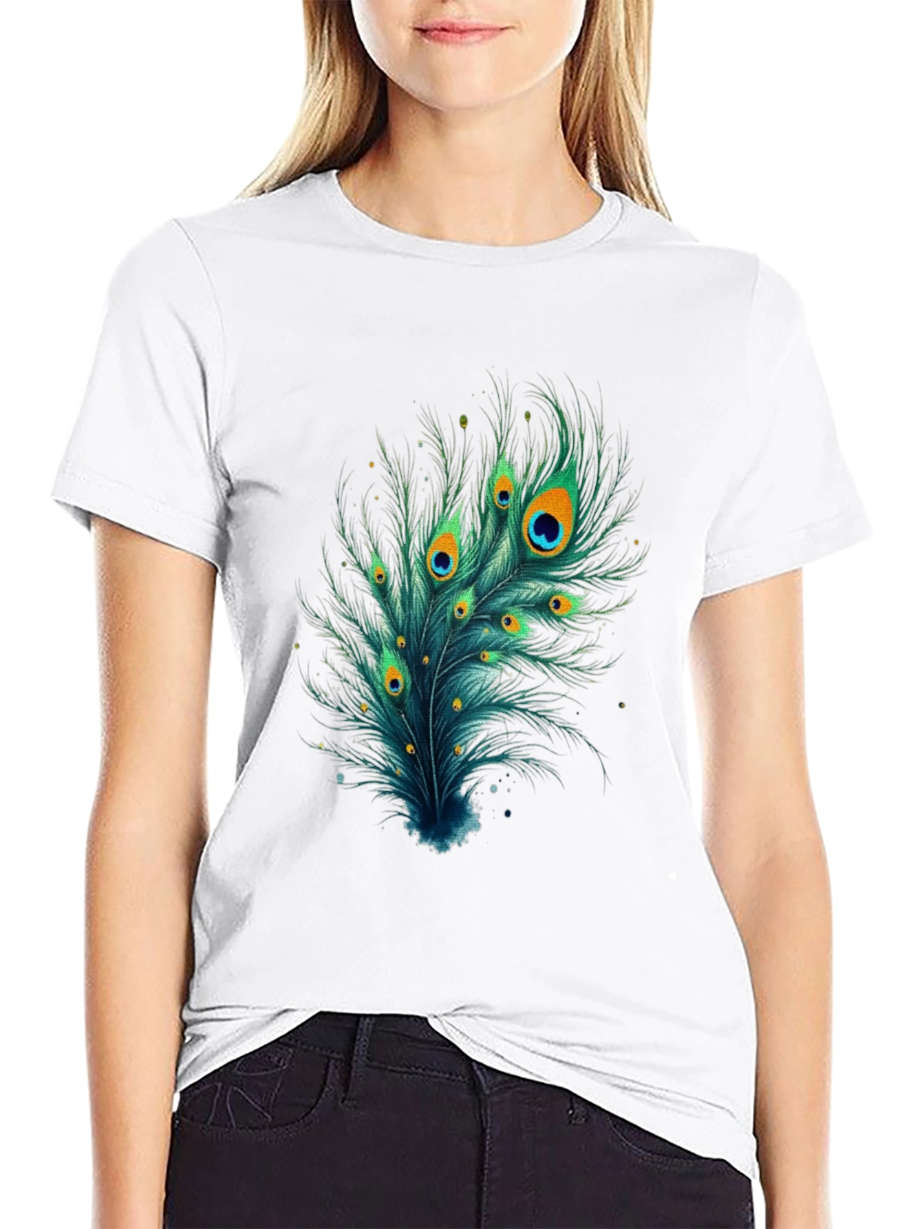 Peacock Feather Graphic Tee - Stylish Black T-Shirt