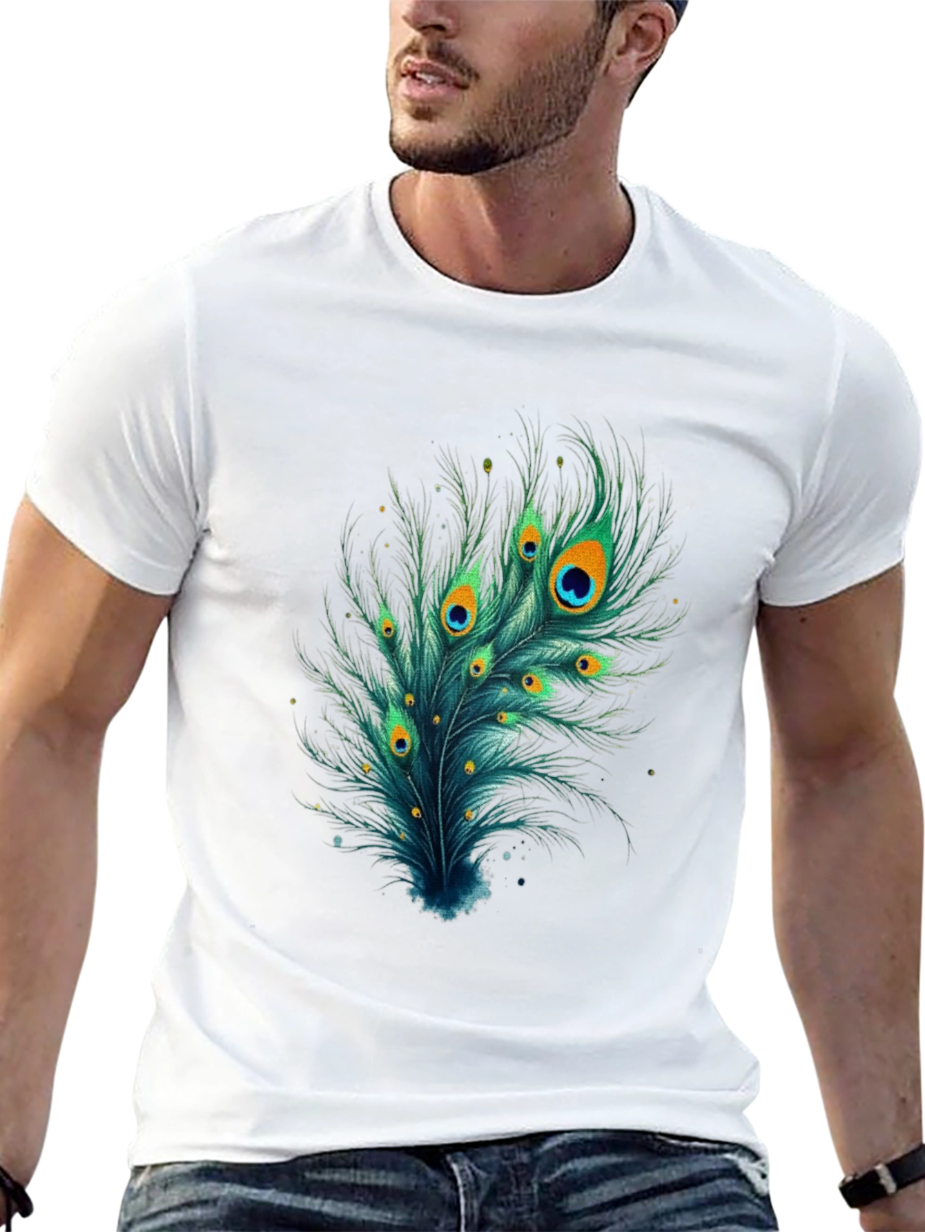 Peacock Feather Graphic Tee - Stylish Black T-Shirt