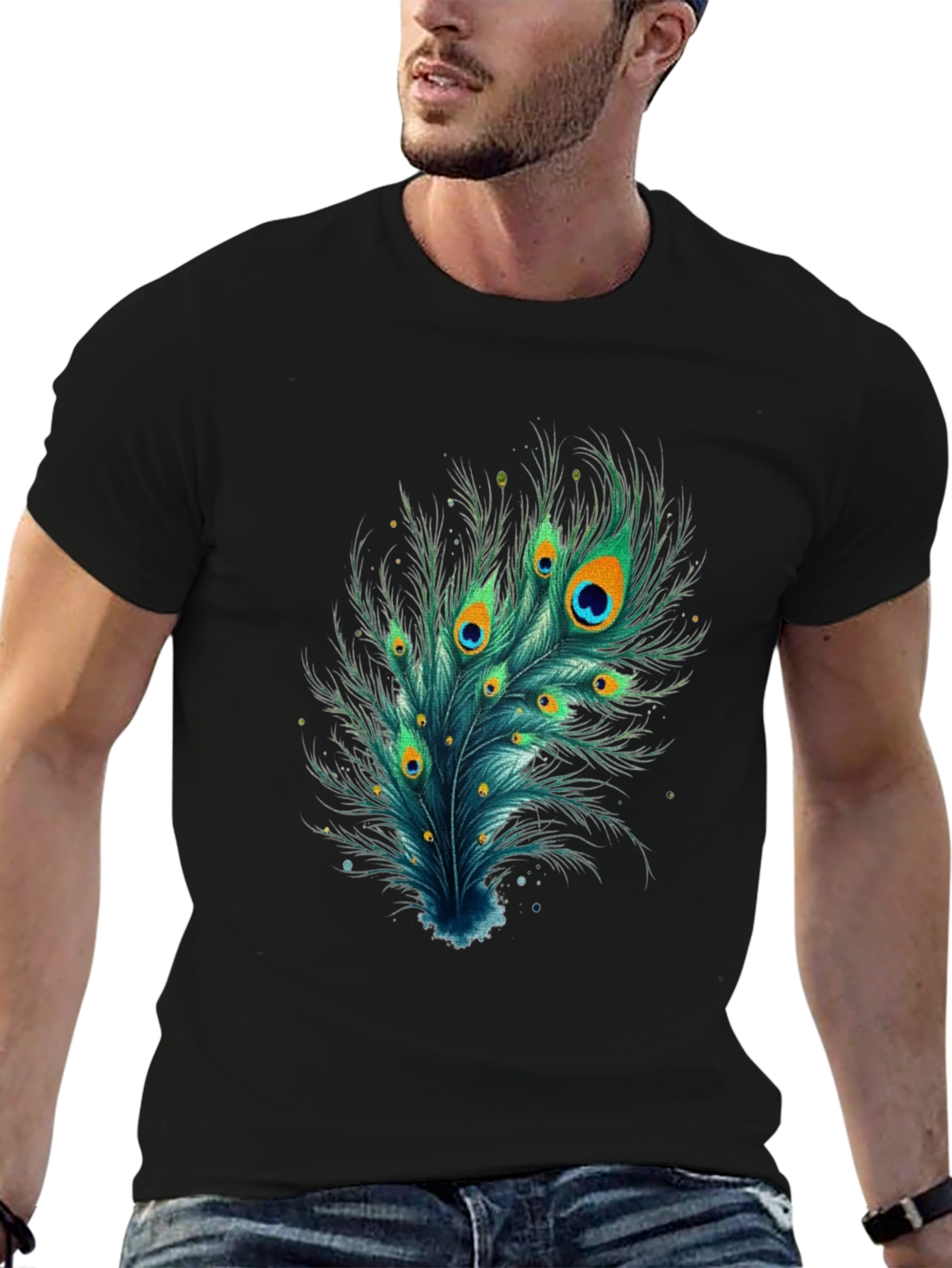 Peacock Feather Graphic Tee - Stylish Black T-Shirt