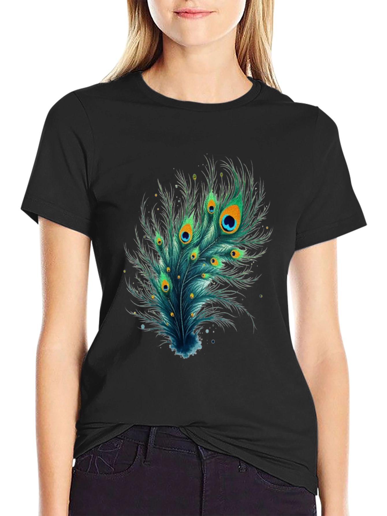 Peacock Feather Graphic Tee - Stylish Black T-Shirt