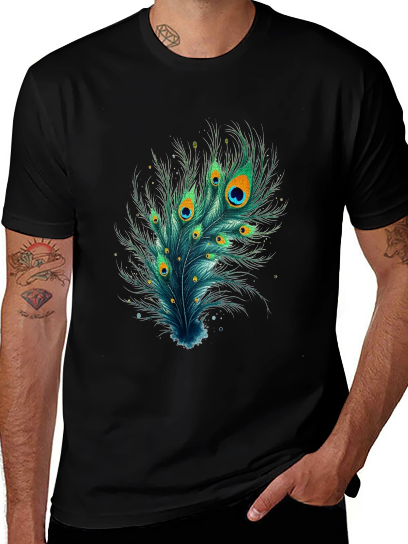 Peacock Feather Graphic Tee - Stylish Black T-Shirt
