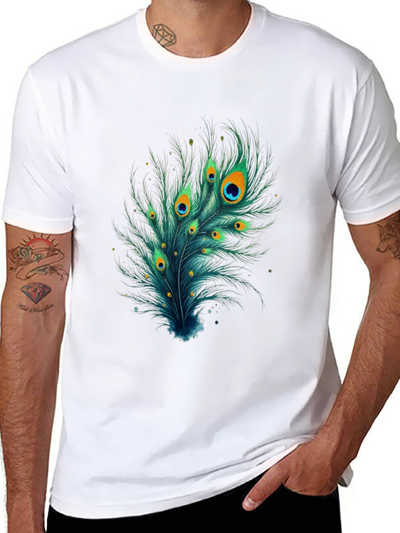Peacock Feather Graphic Tee - Stylish Black T-Shirt