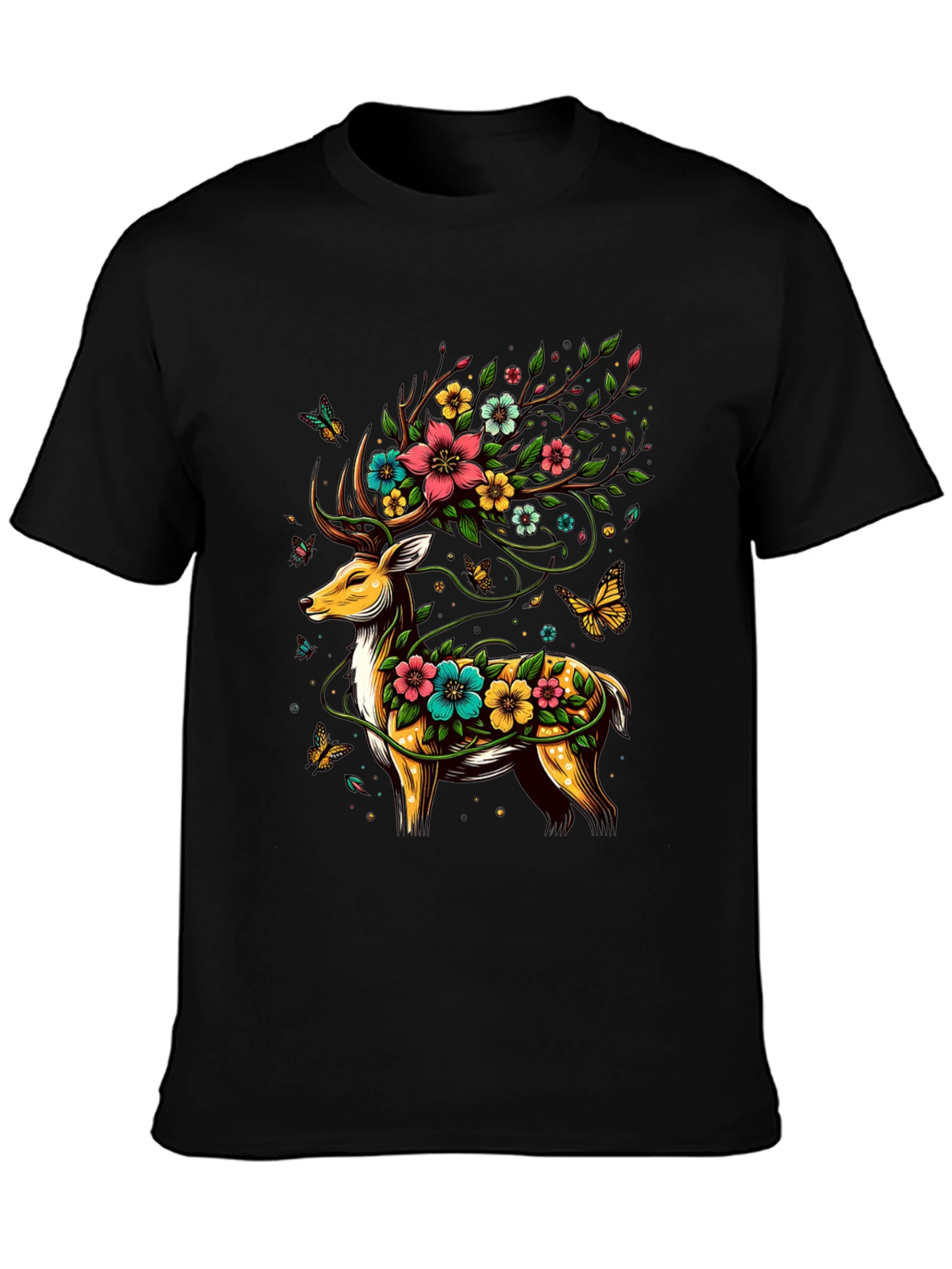 Floral Deer Graphic Tee - Unique Animal Print