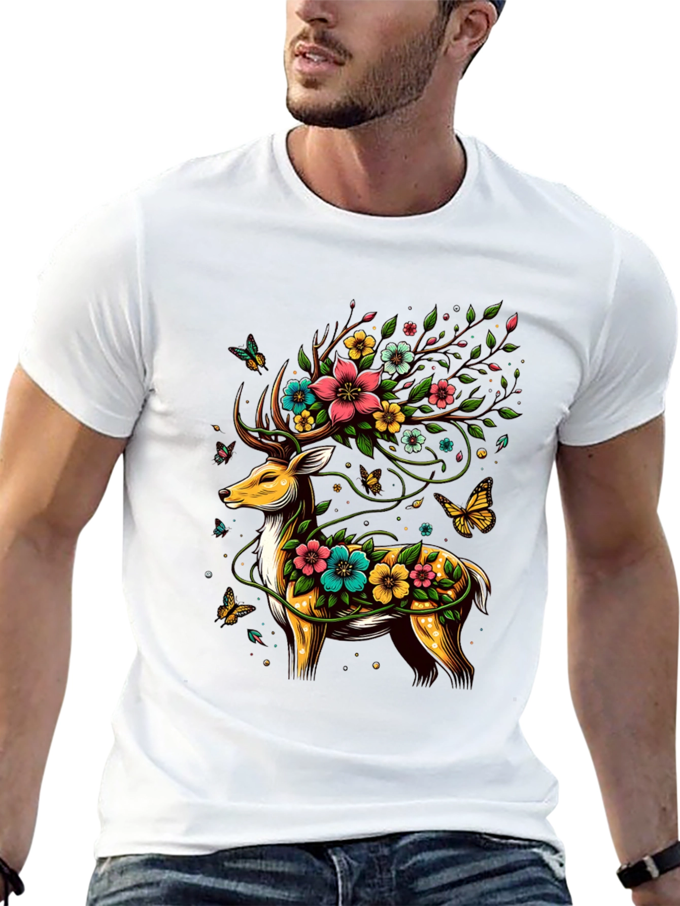 Floral Deer Graphic Tee - Unique Animal Print
