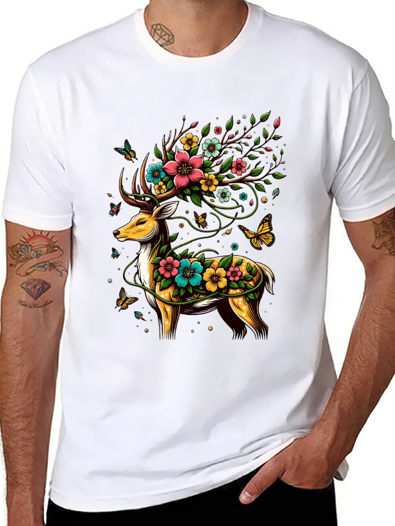 Floral Deer Graphic Tee - Unique Animal Print