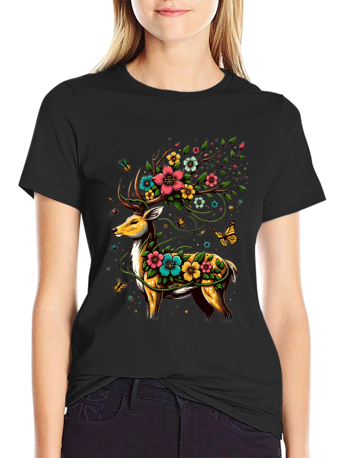 Floral Deer Graphic Tee - Unique Animal Print