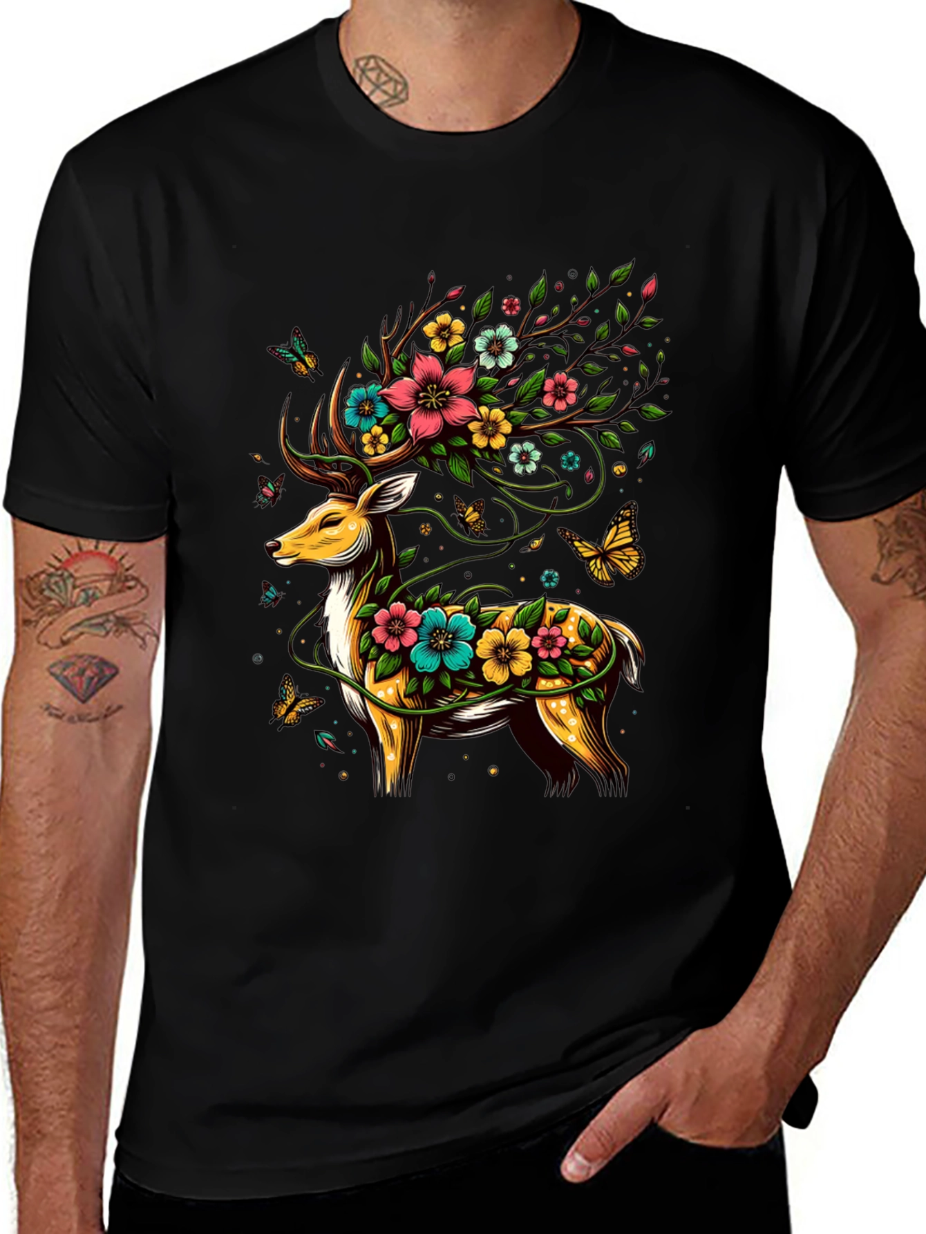 Floral Deer Graphic Tee - Unique Animal Print