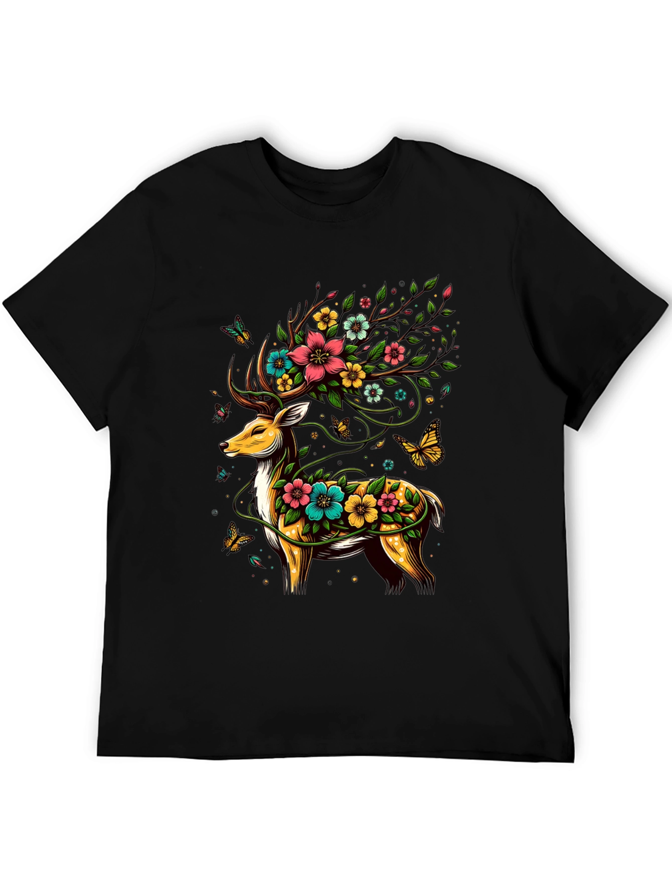 Floral Deer Graphic Tee - Unique Animal Print
